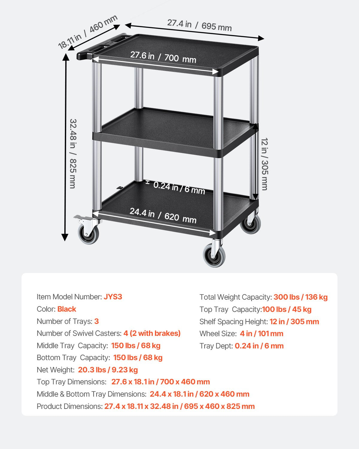 Verktygsvagn, lastkapacitet 136 kg, servicevagn 61 x 46 cm, kraftig verktygsvagn i plast med tre hyllor och 360° svängbara hjul (2 med bromsar), lämplig för lager, garage, städning