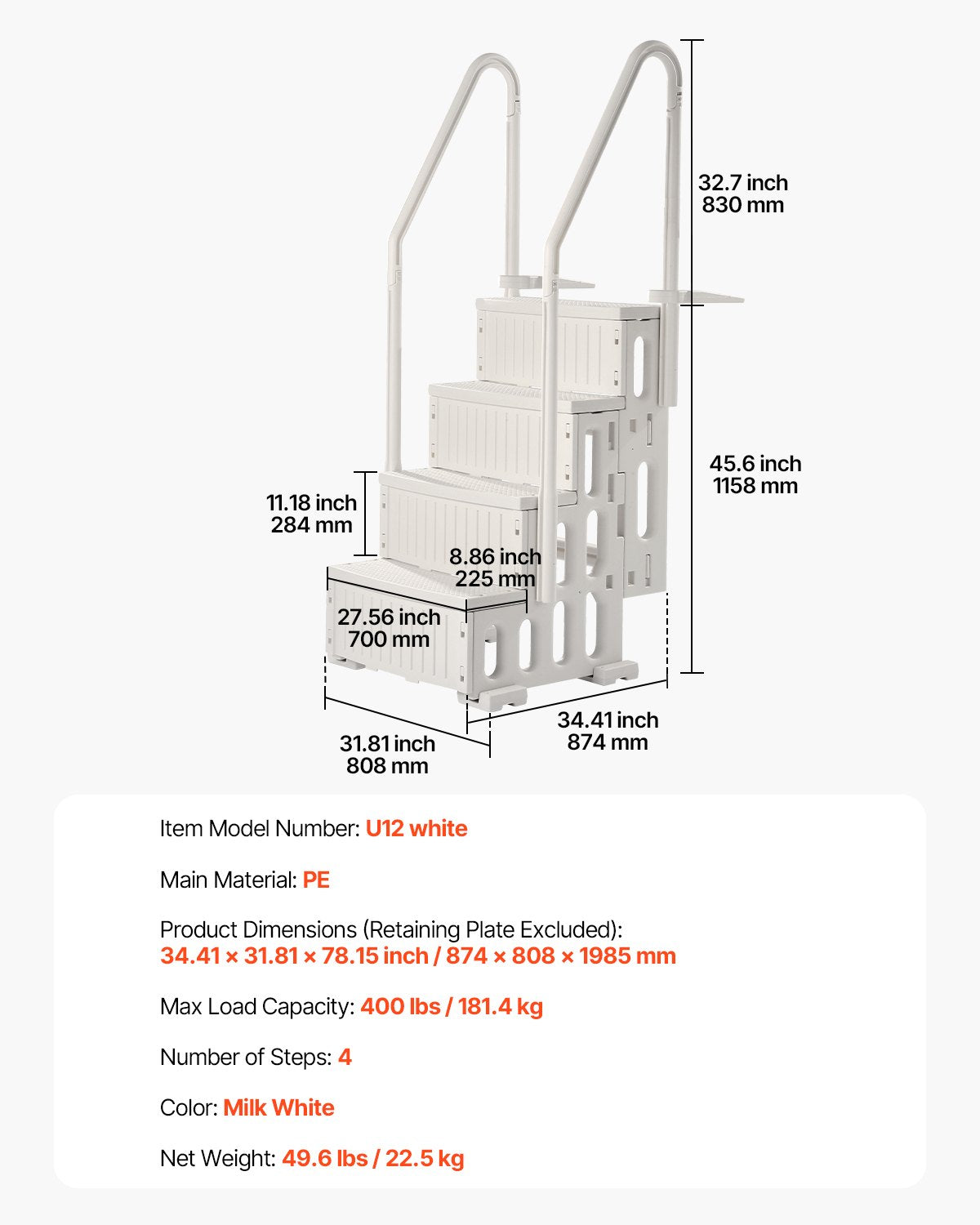 Swimming Pool Ladder, 4-Step Double Handrails Stairs with Non-slip Heavy Duty Steps, Max Load Capacity 400 lbs, for 48-54 In Inground & Above-ground Pools of Any Decking Surface, Milk White