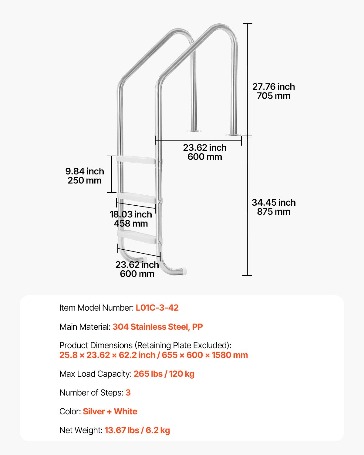 Swimming Pool Ladder, 3-Step Double Handrails Stairs with Non-slip Heavy Duty Steps, Stainless Steel Load Capacity 265 lbs, for 48-54 In Inground Pools of Any Decking Surface Indoor & Outdoor
