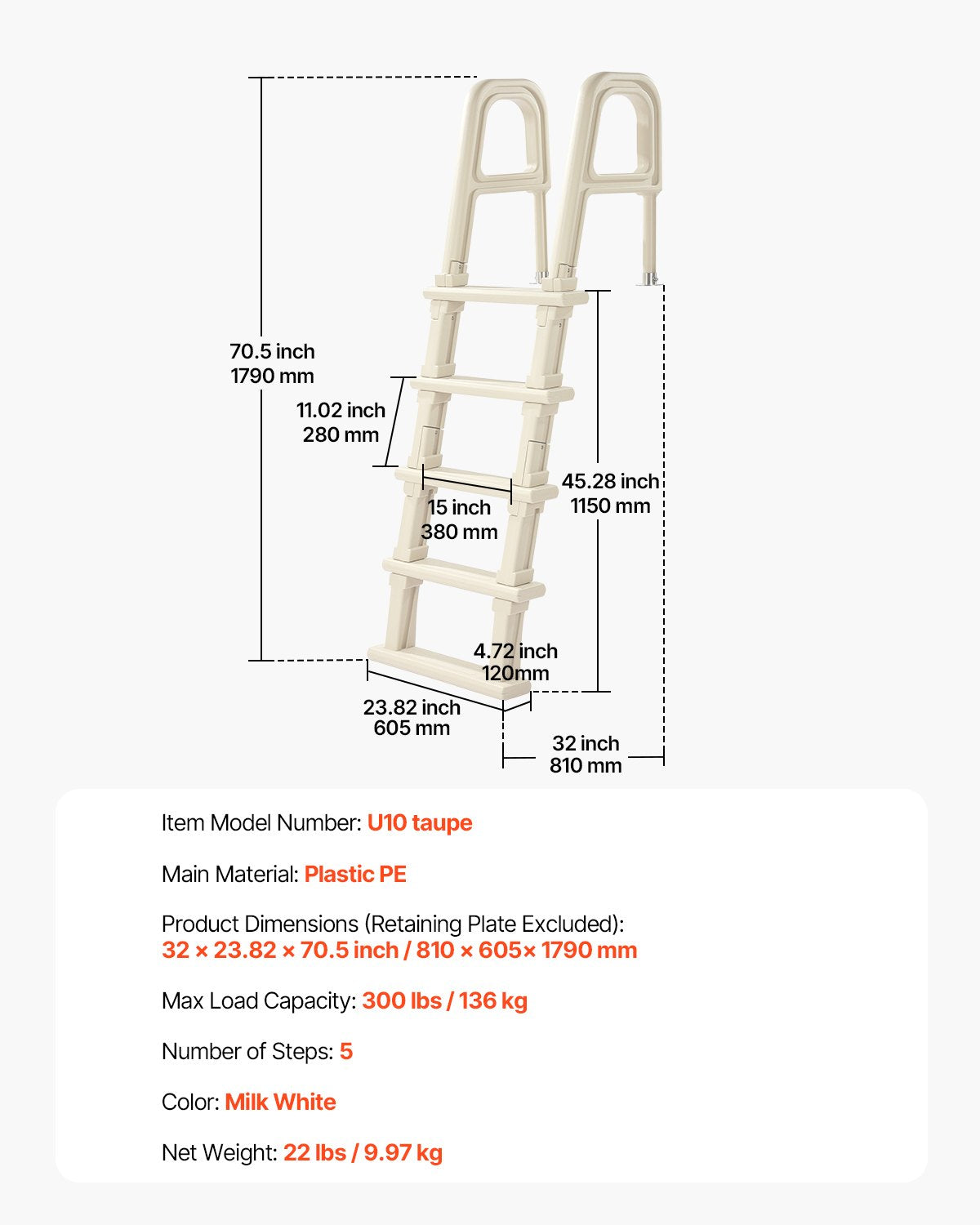 Swimming Pool Ladder, 75°Inclined 5-Step Double Handrails Stair, Non-slip Heavy Duty Steps, Load Capacity 300 lb, for 48-54 In Inground & Above-ground Pools of Any Deck Surface Indoor & Outdoor