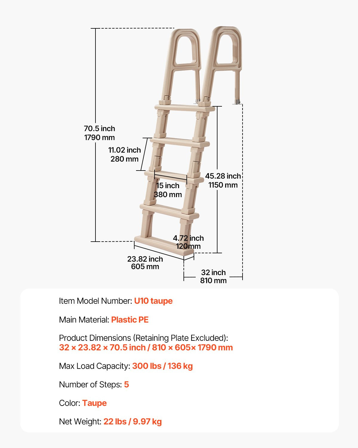 Swimming Pool Ladder, Inclined 5-Step Double Handrails Stair, Non-slip Heavy Duty Step, Load Capacity 300 lb, for 48-54" Inground & Above-ground Pools of Any Deck Surface Indoor & Outdoor, Taupe