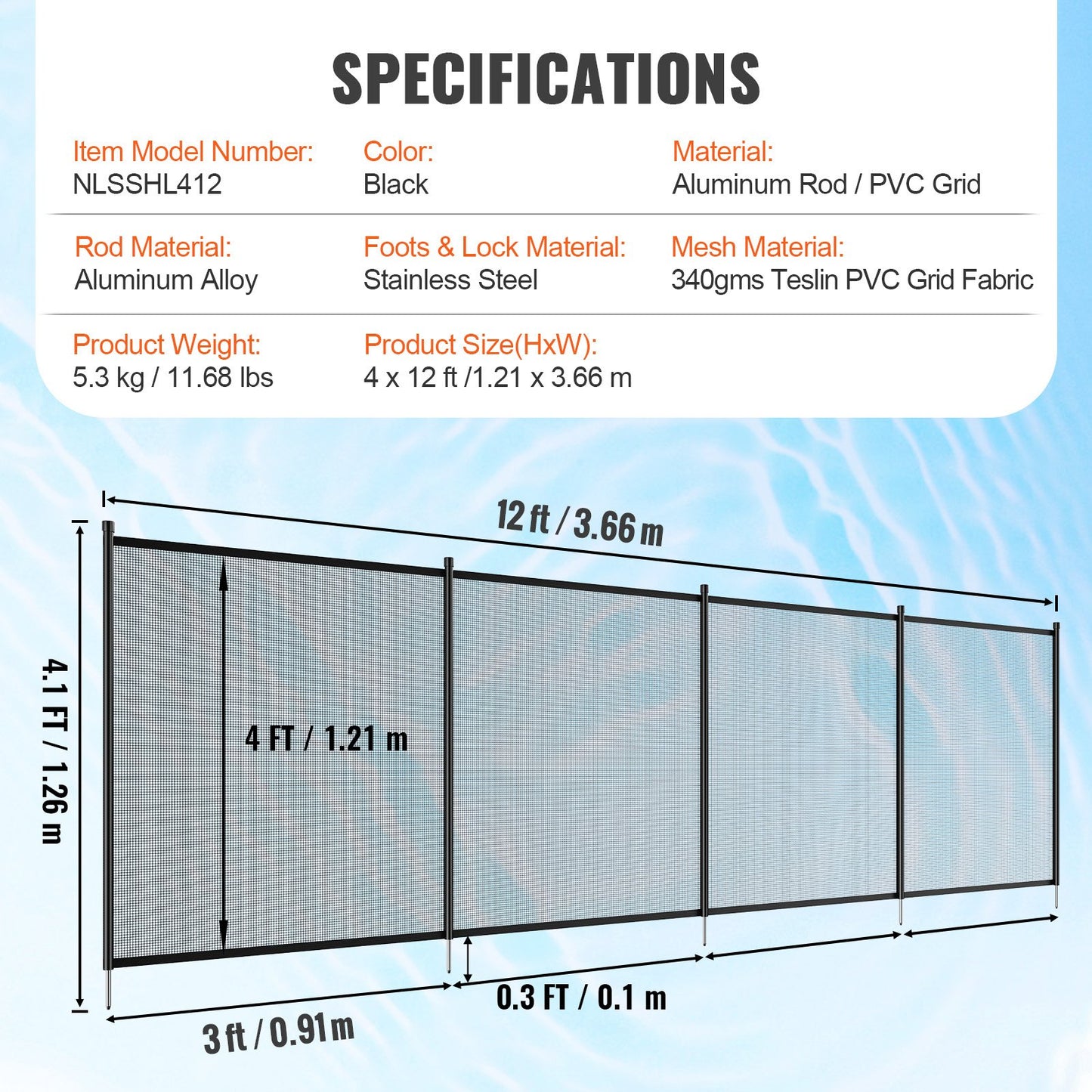 Pool Fence, 1.2 x 3.7 m Pool Fences for Inground Pools, Removable Child Safety Pool Fencing, Easy DIY Installation Swimming Pool Fence, 340gms Teslin PVC Pool Fence Mesh Protects Kids and Pets