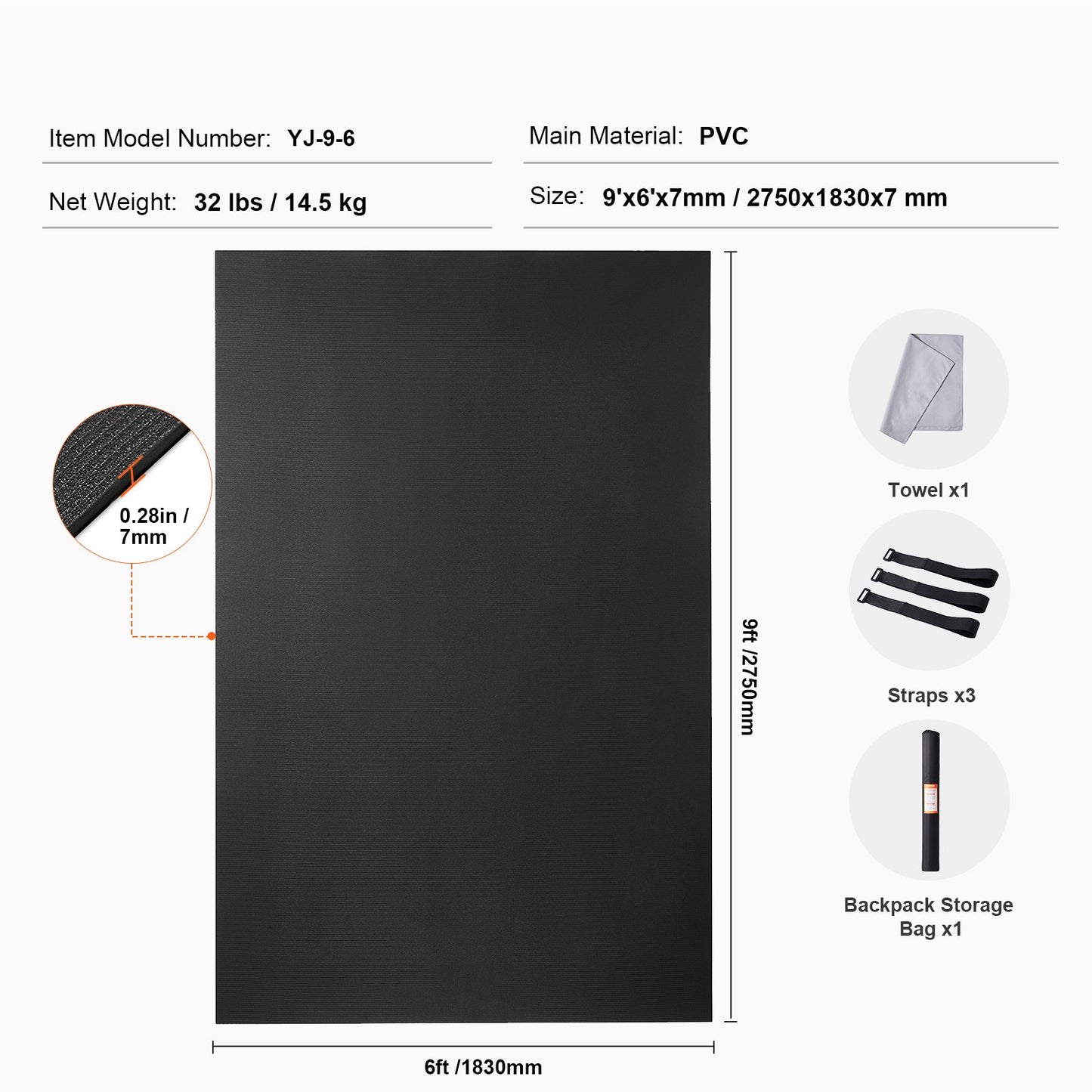 Träningsmatta, halkfri yogamatta med hög densitet, träningsyogamatta för män och kvinnor, fitness- och träningsmatta med väska och bärrem, för alla typer av hemmayoga, pilates och golvträning (9x6ft)