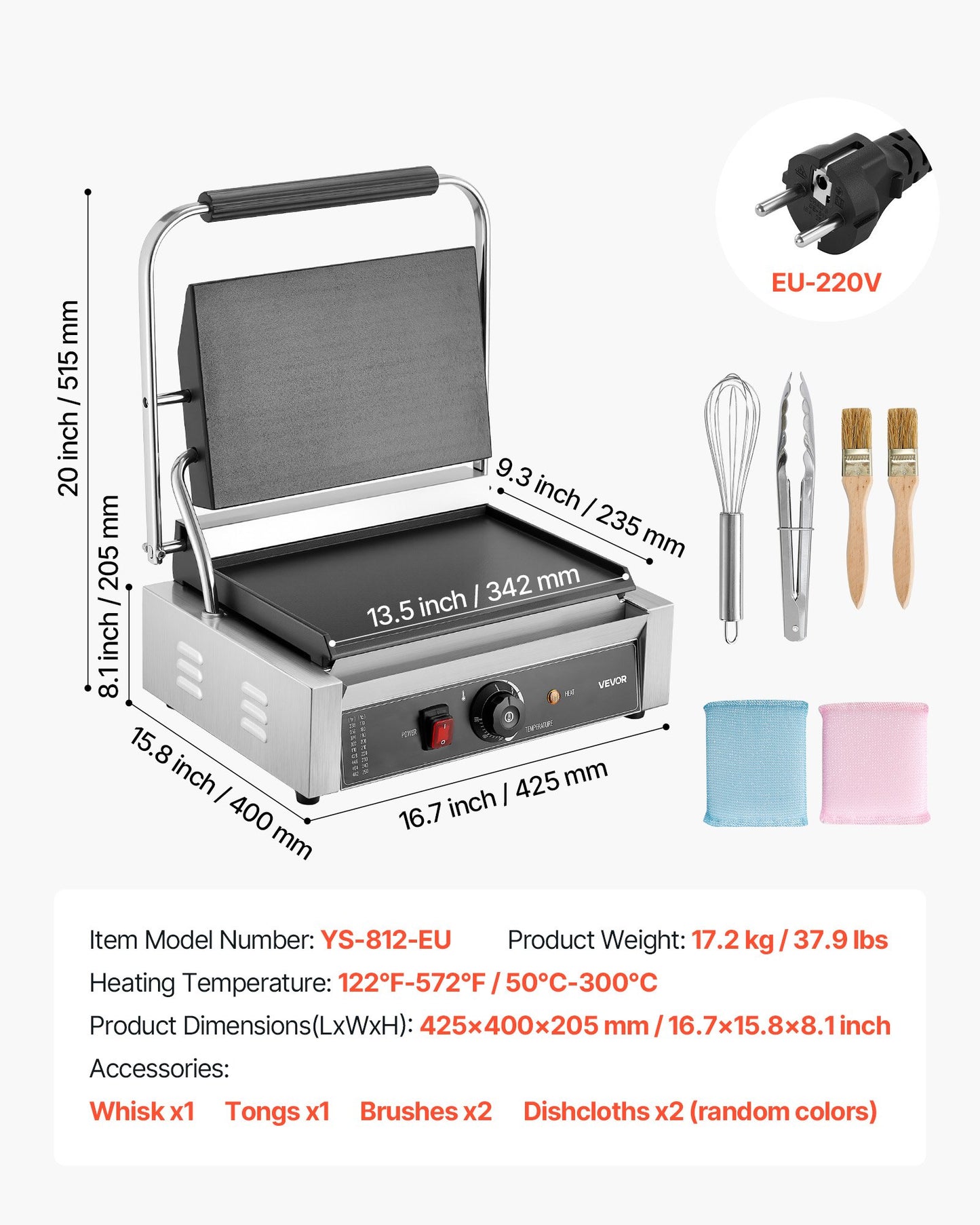 Commercial Panini Grill, 2200W Electric Sandwich Panini Maker, Stainless Steel Sandwichs Press Grill with Handle and Temp Control, 34x23 cm Full Flat Enamel Plate, for Hamburger Steak Bacon