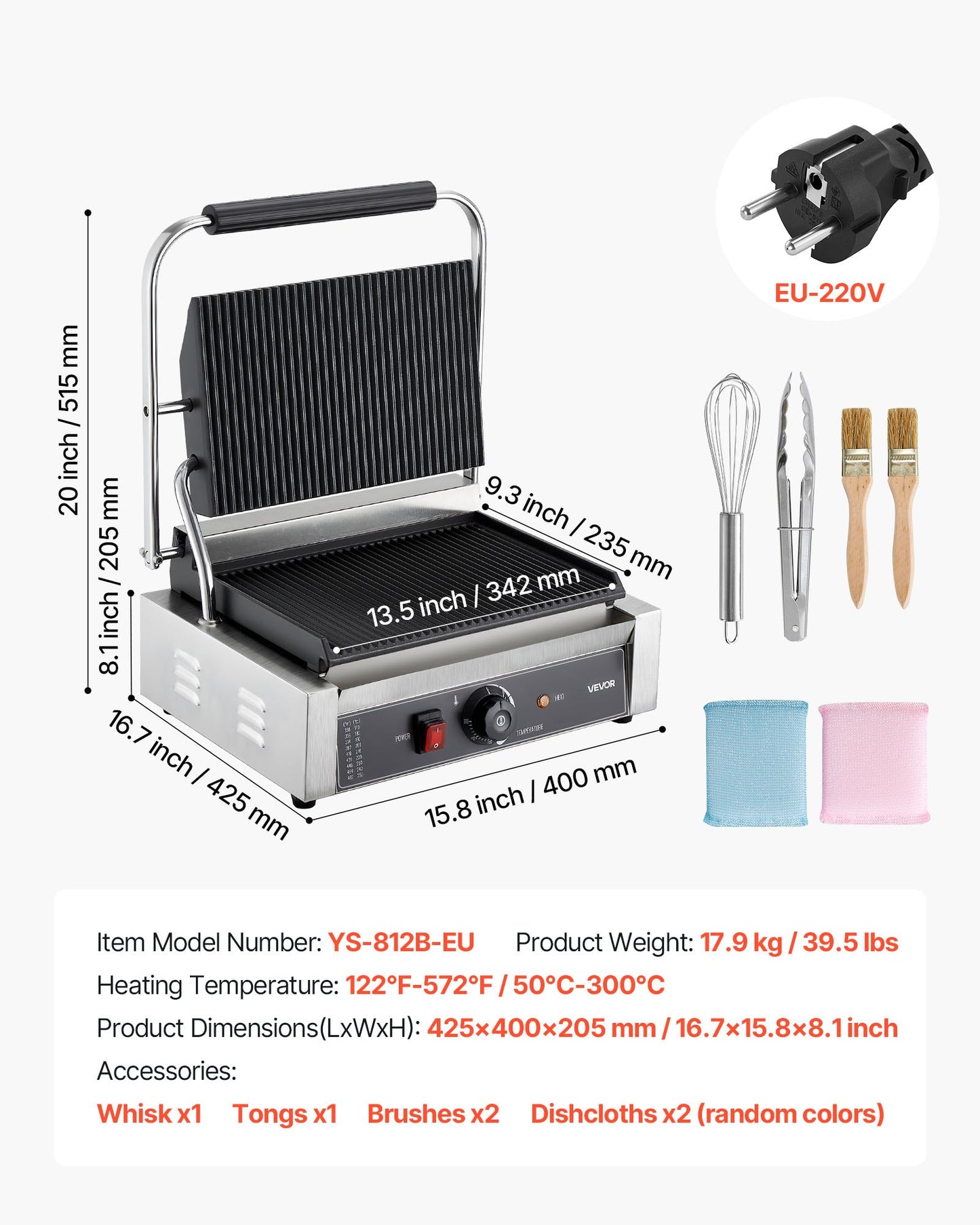 Kommersiell paninigrill, 2200W elektrisk smörgåspaninimaskin, pressgrill i rostfritt stål med handtag och temperaturkontroll, 34x23 cm räfflad emaljplatta, för hamburgare, biff och bacon