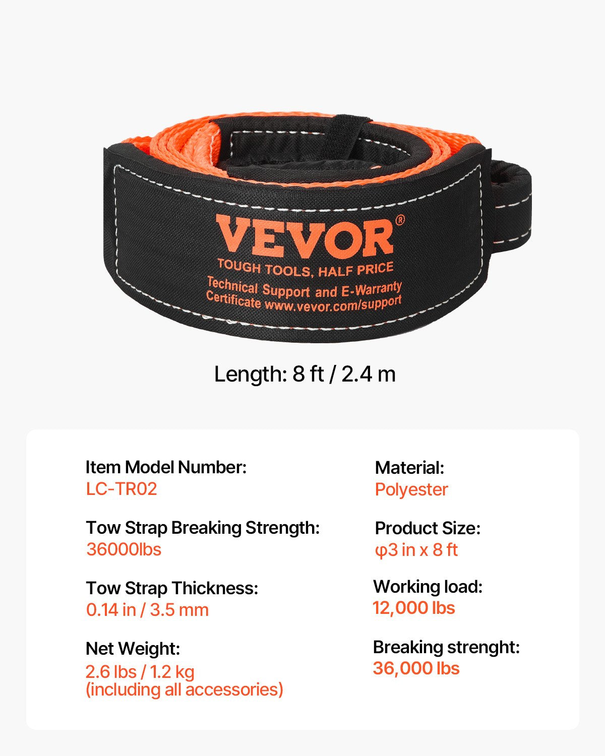 Bärgningsrem 76,2 mm, 2,4 m 16329 kg Brottstyrka, Trippelförstärkta ögleremmar, Trädskydd, Vinschlinans förlängningsrem, Terrängbogsering och bärgning, Extrem väderbeständighet