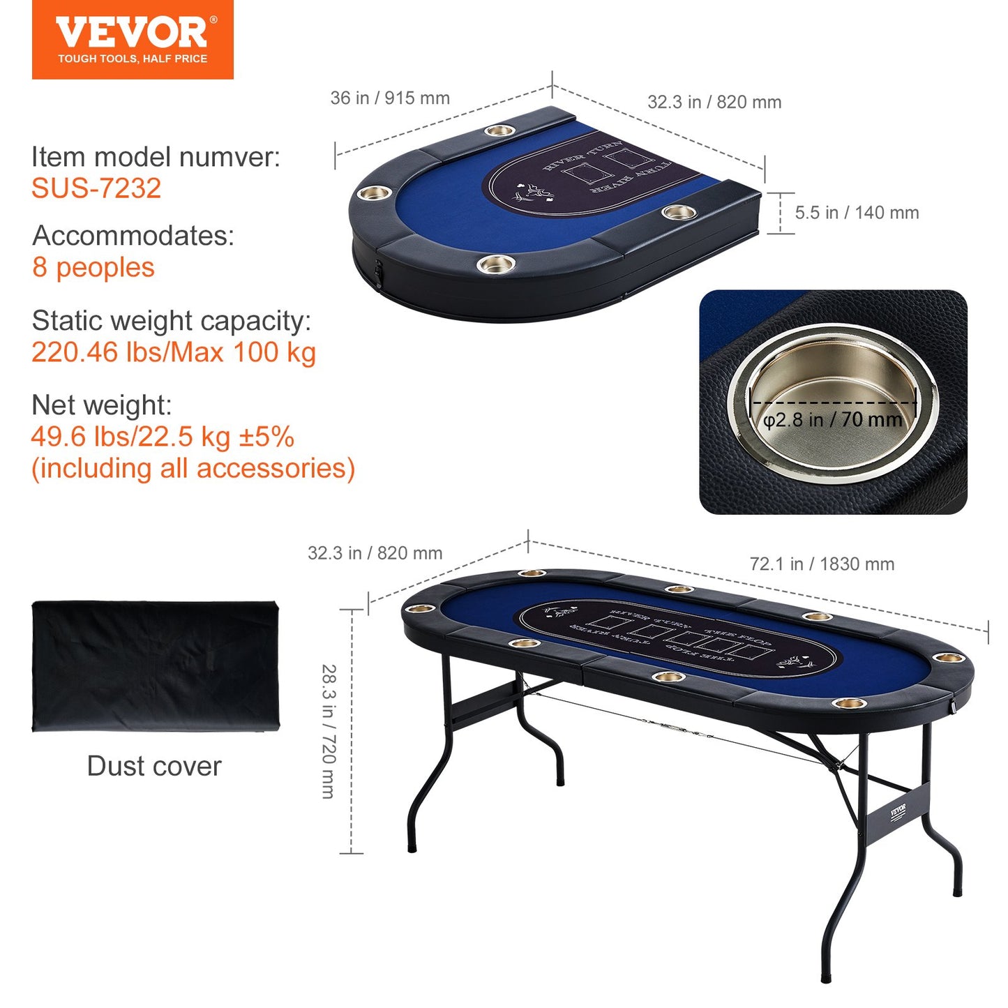 8 Player Foldable Poker Table, Blackjack Texas Holdem Poker Table with Padded Rails and Stainless Steel Cup Holders, Portable Folding Card Board Game Table, 1830 mm Oval Casino Leisure Table