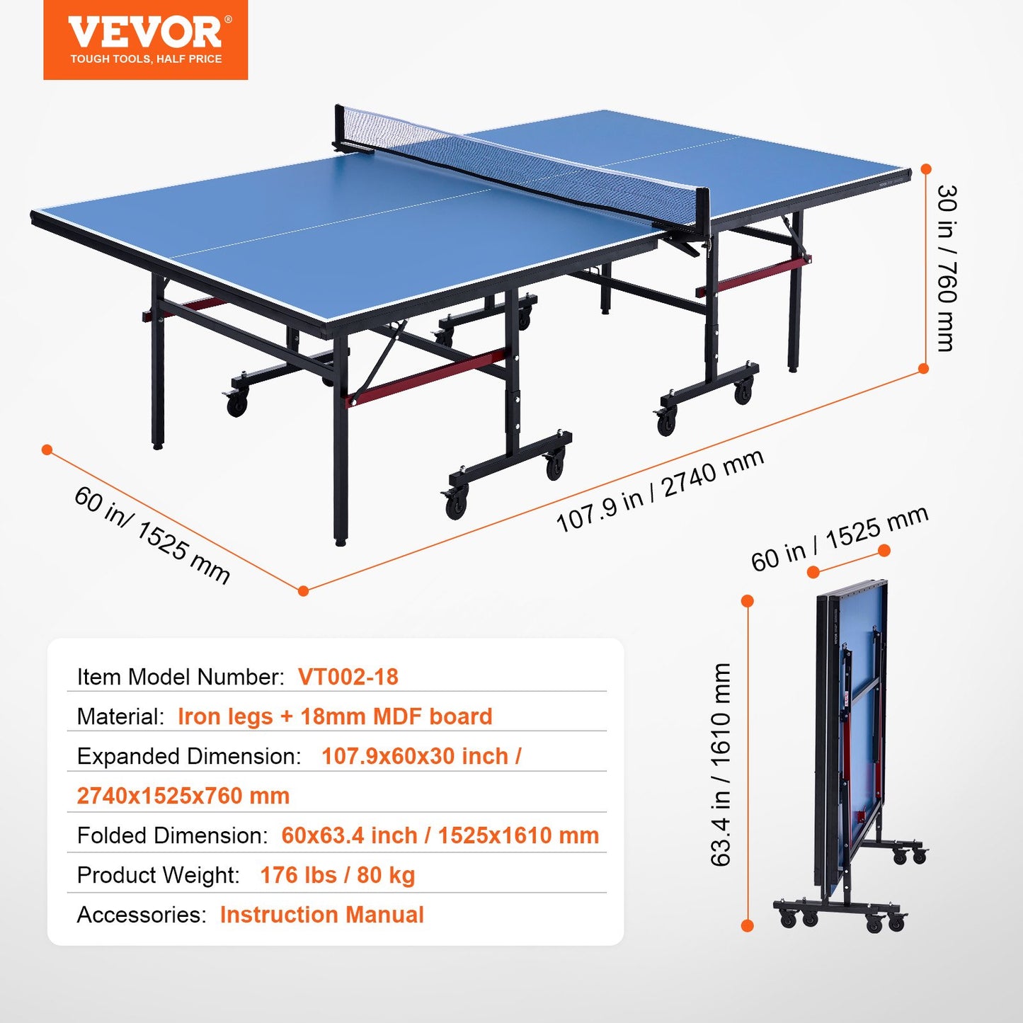 Ping Pong Table, Professional Table Tennis Game, Indoor MDF Portable Table Tennis Table, Foldable Ping Pong Table with Quick Clamp Net and Lockable Wheels, 10 Minute Easy Assembly, 18mm Tabletops