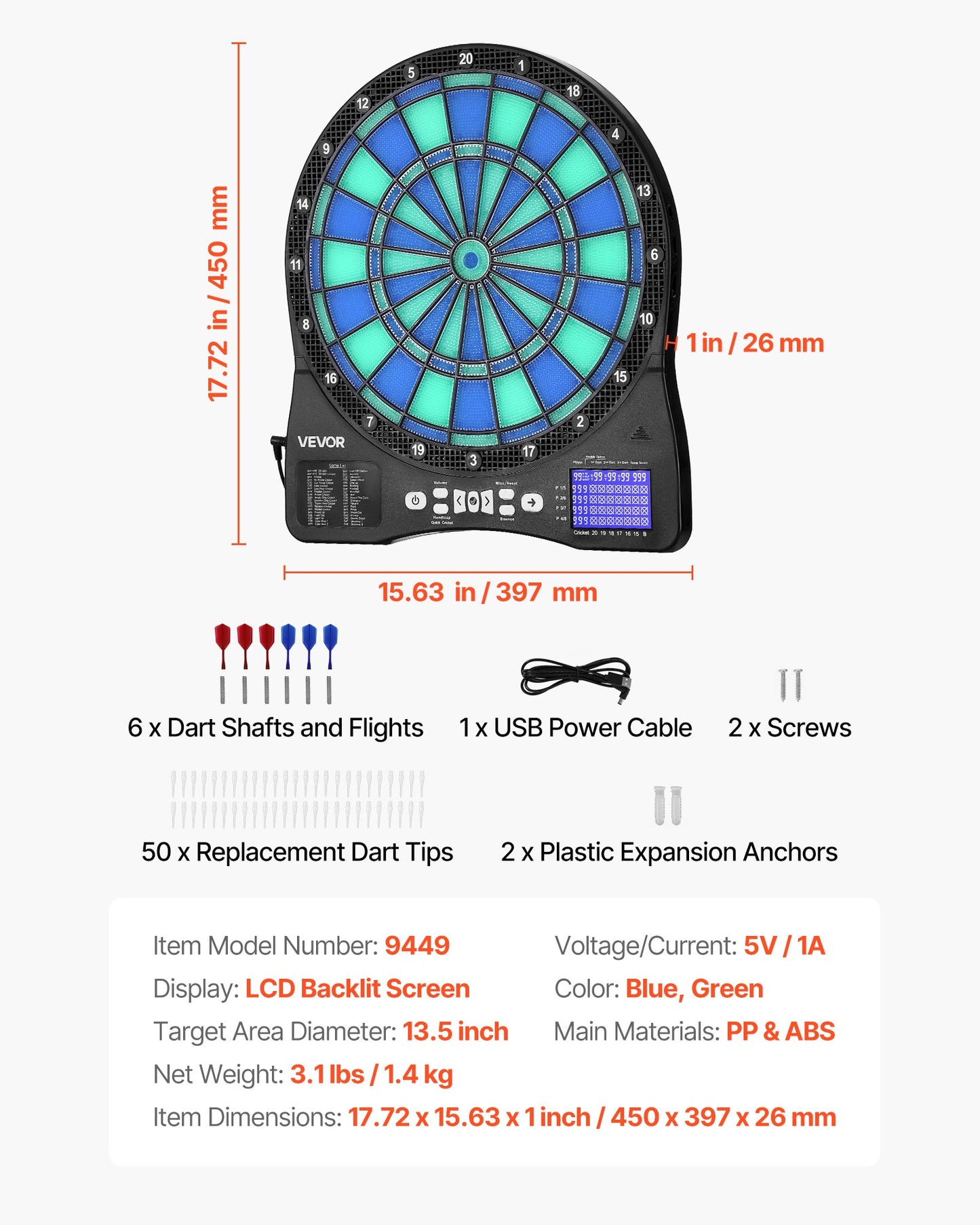 Electronic Dart Board, LED-Illuminated Target Dartboard with 48 Games & 500+ Variations, Includes 6 Dart Shafts with Flights & 50 Soft Tips, Cricket Scoring LCD Screen - Supports Up to 8 Players