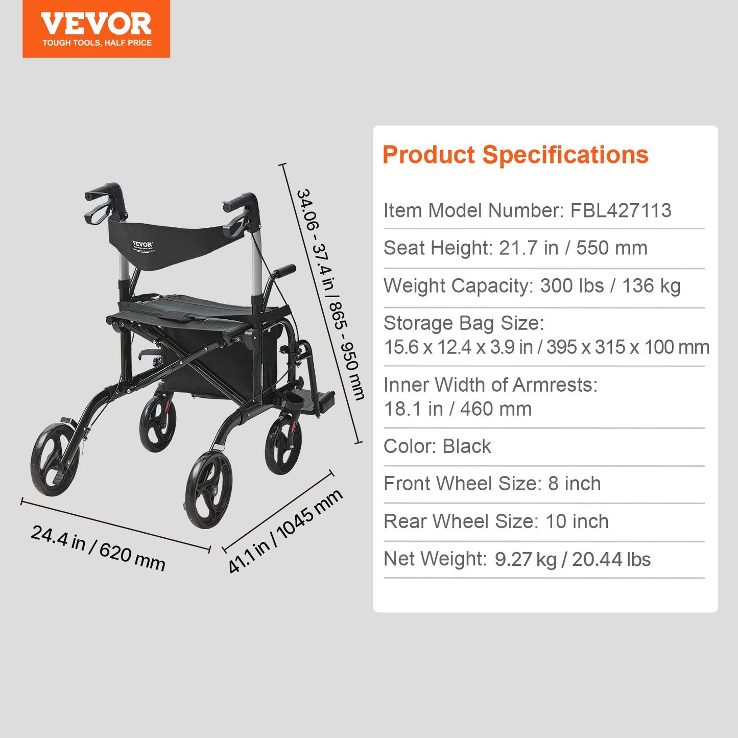 2 in 1 Rollator Walker & Transport Chair for Seniors, Folding Rolling Walker Wheelchair Combo & Footrests, Lightweight Aluminum Mobility Walker with Adjustable Handle, All Terrain Wheels, 136 kg