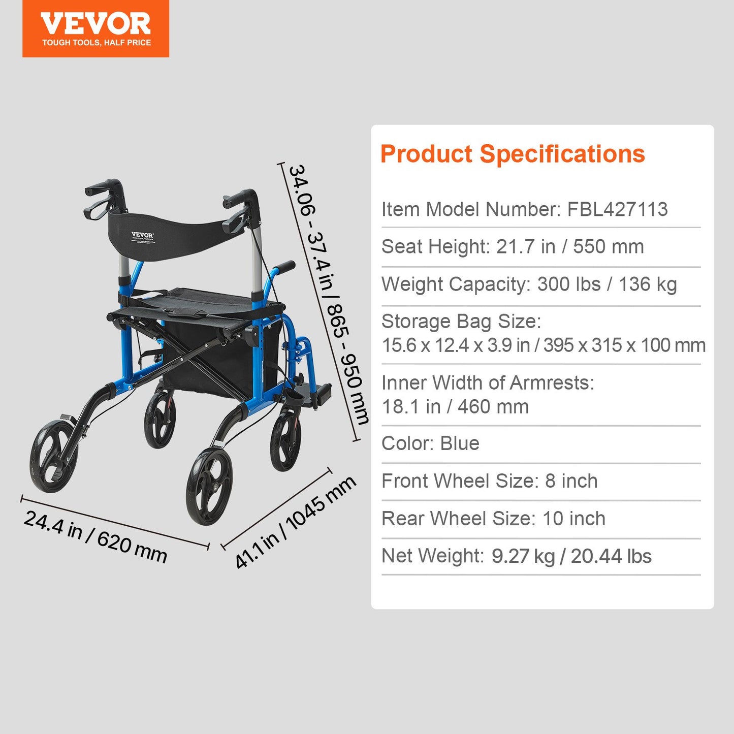 2 in 1 Rollator Walker & Transport Chair for Seniors, Folding Rolling Walker Wheelchair Combo & Footrests, Lightweight Aluminum Mobility Walker with Adjustable Handle, All Terrain Wheels, 300LBS