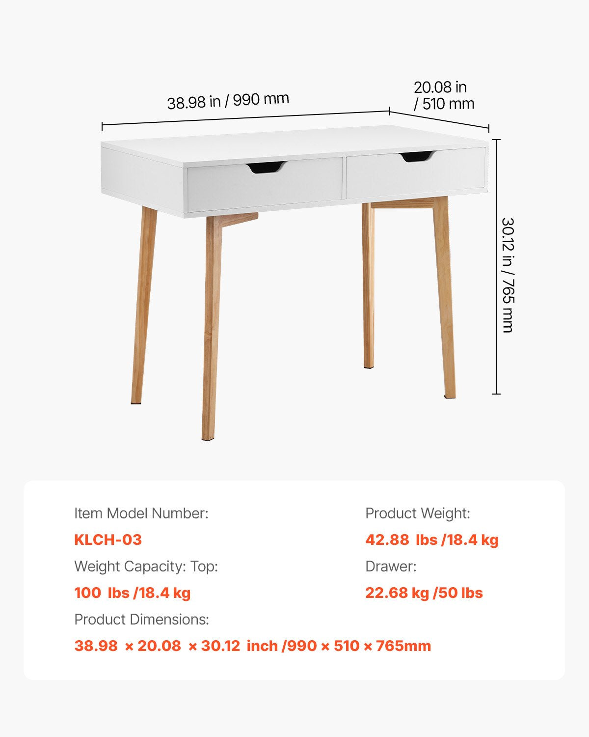 Small Desk with Drawers, Kids Desk for Bedroom, Wooden Simple Study Table for Drawing, Reading, Writing, Rectangle MDF Furniture Study Storage Table for Home, Office, White + Wood