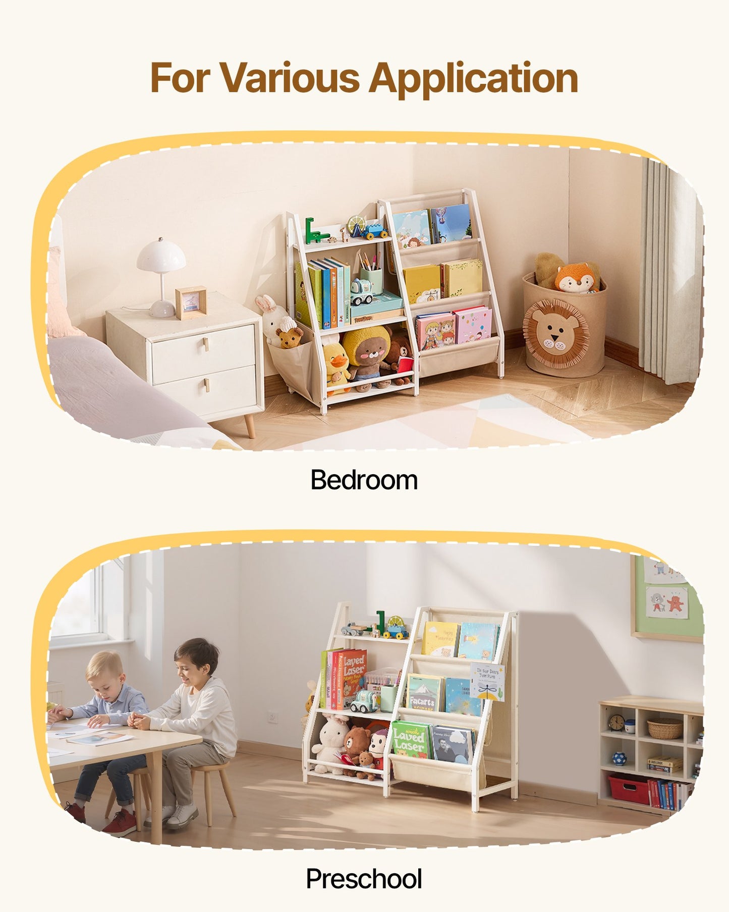 3-Tier Kids Bookshelf, Toy Storage Organizer for Toddler, Book Shelf for Kids Rooms with Sling Book Rack and Storage Bag, Kids Storage Book Shelves for Kids Room, Playroom, Kindergarten, Nursery