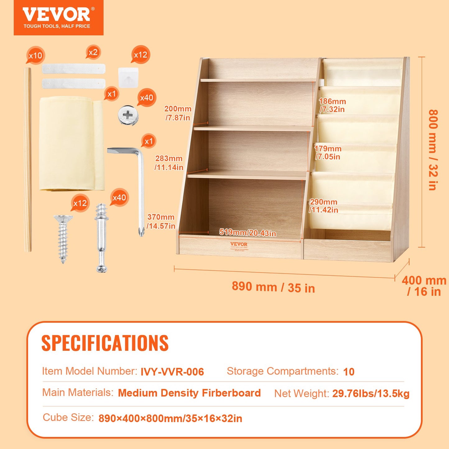 4-våningars träbokhylla för barn, sexlagers slingbokhylla, bokhylla för baby, bokleksaksorganisatör, för barnrum, lekrum, dagis, barnkammare