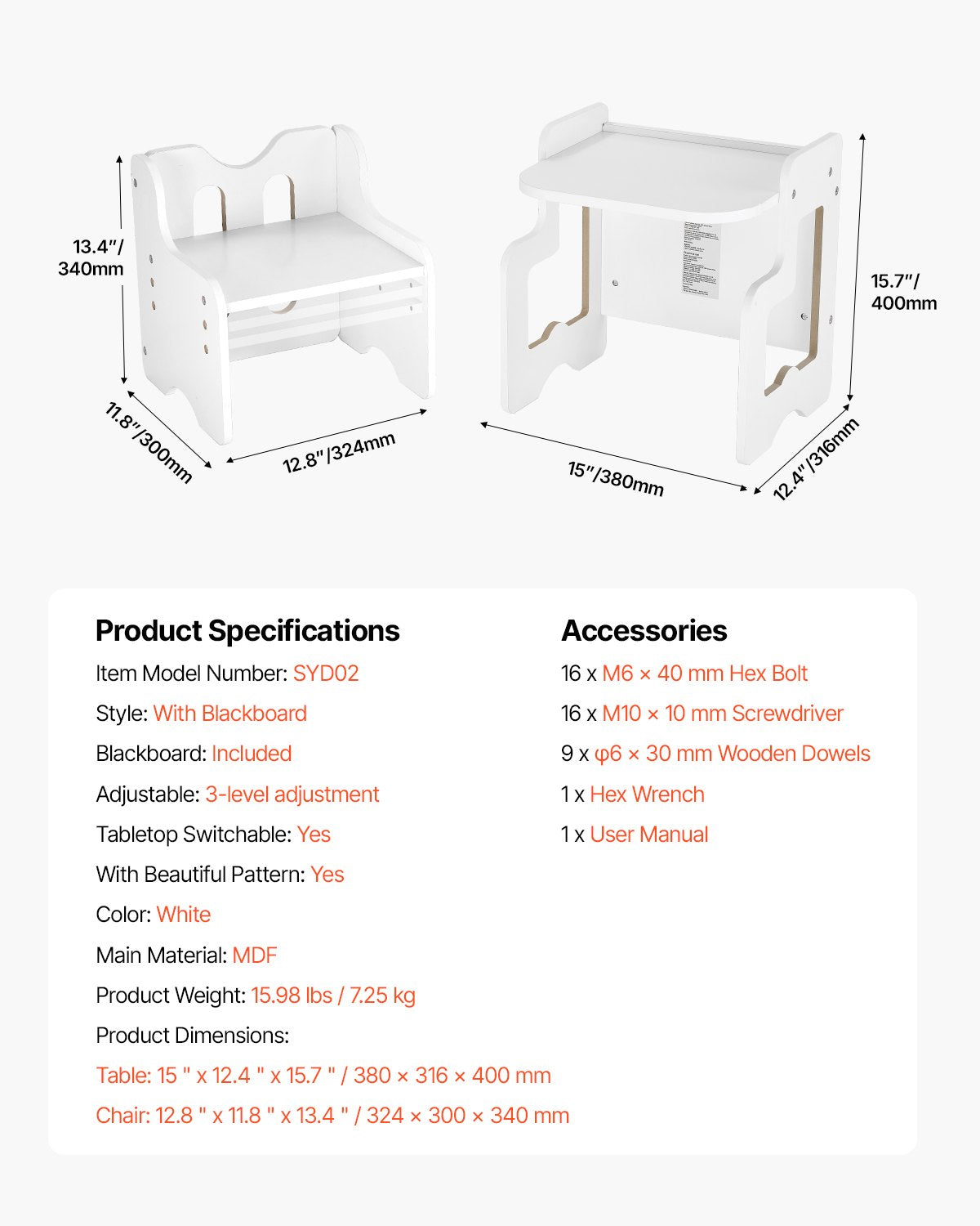 Montessori avvänjningsbord och stolsset, 3-i-1 träbord och stolar för småbarn med griffeltavla, justerbar höjd Montessoribord för åldrarna 1-5, perfekt för att rita, läsa, äta - vit