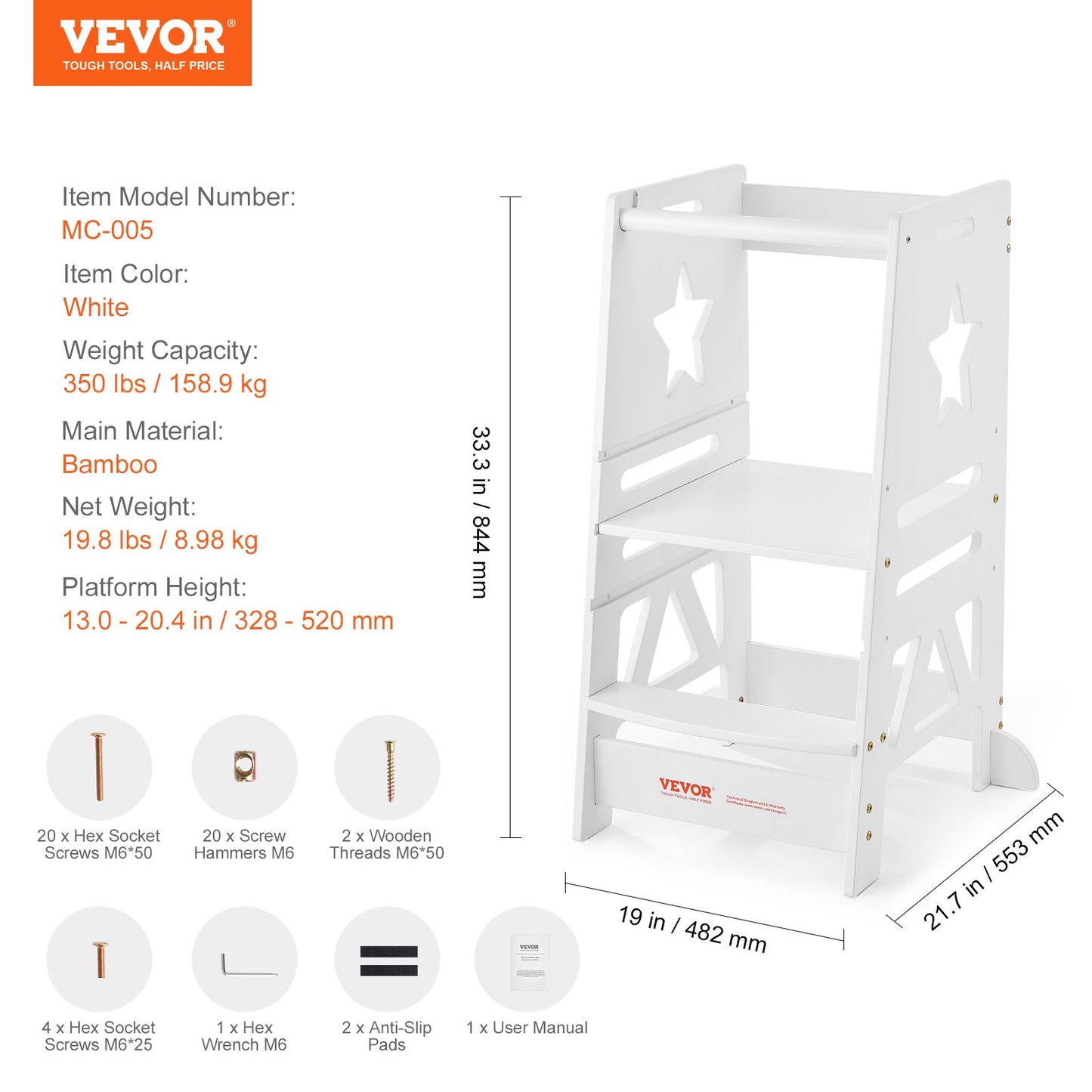 Tower Step Stool for Kids and Toddlers, 3-Level Height Adjustable Toddler Kitchen Stool Helper, Bamboo Standing Tower Learning Stool with Safety Rail for Bedroom Bathroom, 350LBS Loading, White