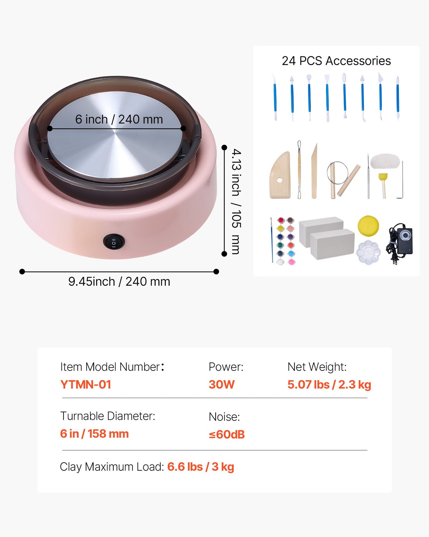 Mini Pottery Wheel, 158 mm Turntable, Forward and Reverse Rotation, Adjustable Speed, Electric Clay Wheel for Kids and Beginners, with Shaping Tools, for Home DIY, Pottery Classes, Pink