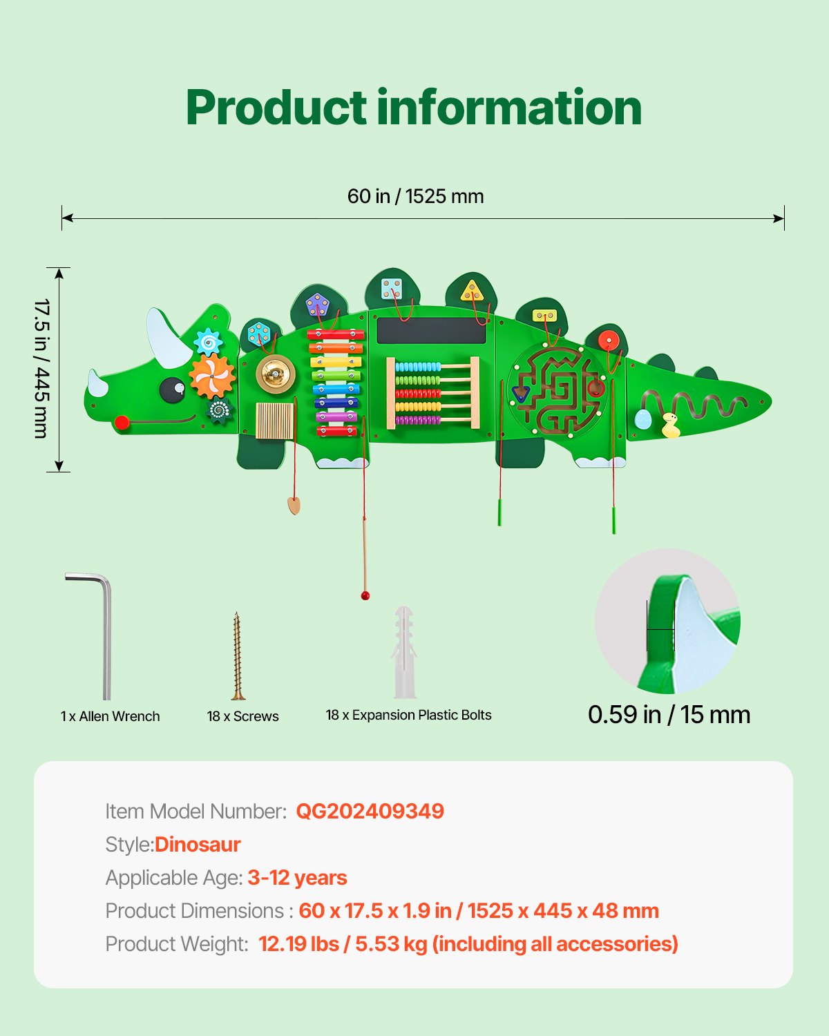 Dinosaur Activity Wall Busy Board Panels, 11 Activities, Montessori Sensory Wall Toy for Kids 3-12 Years, Montessori Learning Activity Center, Ideal for Toddler Playroom Nursery Classroom