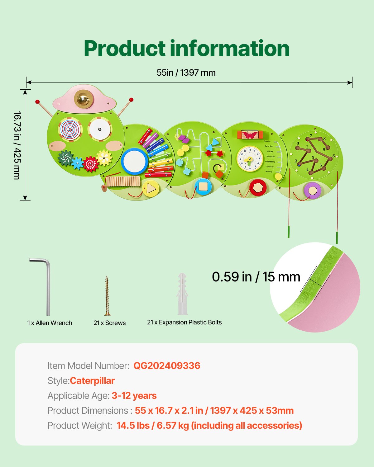 Caterpillar Activity Wall Busy Board Panels, 12 Activities, Montessori Sensory Wall Toy for Kids 3-12 Years, Montessori Learning Activity Center, Ideal for Toddler Playroom Nursery Classroom