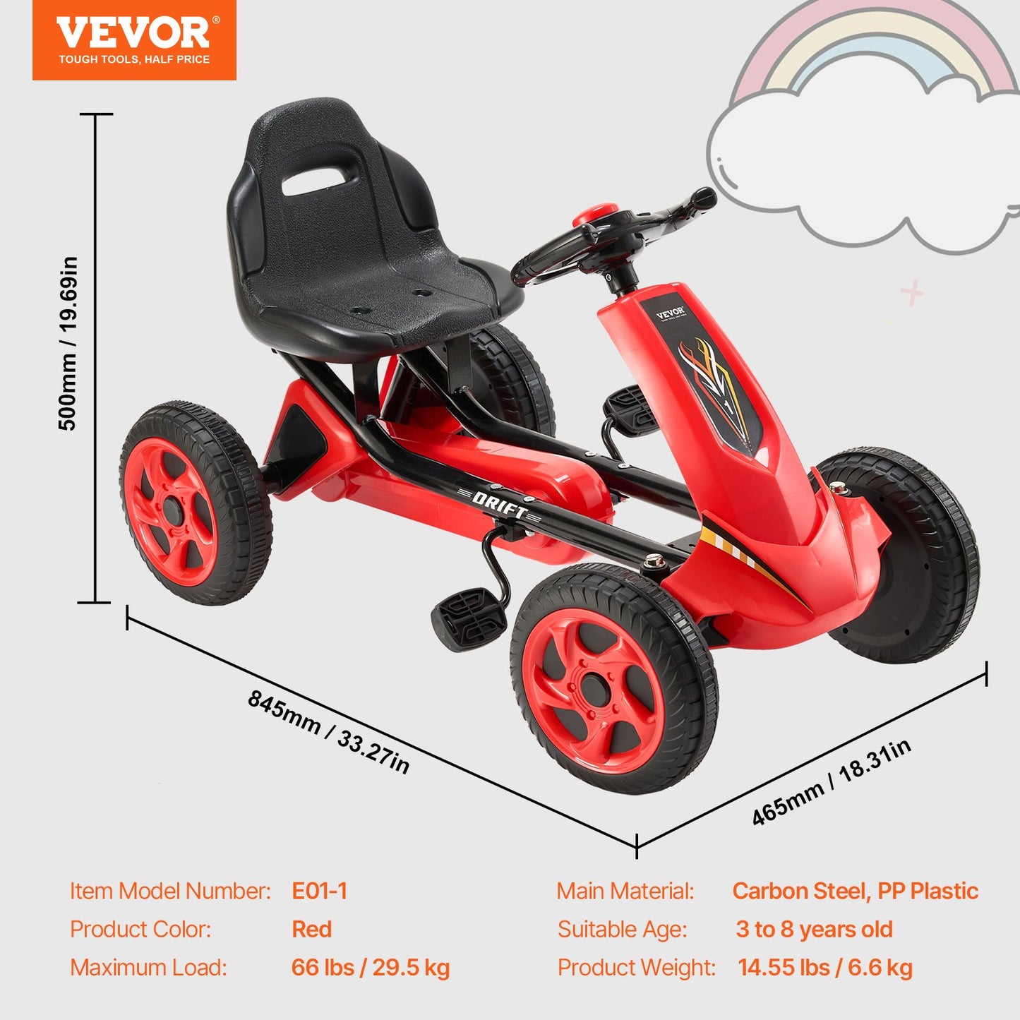 Kids Pedal Go Kart, 4 Wheel Off-Road Pedal Go Cart Ride On Toy for Kids, Steering Wheel, Adjustable Seat, Non-slip Big Wheels, Outdoor Racer Ride On Pedal Car for Boys & Girls Ages 3-8, Red