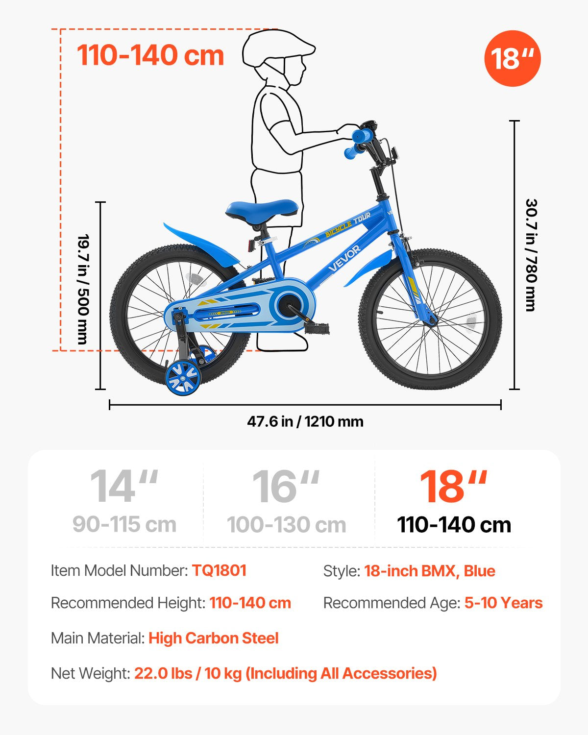 Kids Bike, 45.72 cm BMX Style Children Bicycle, Rider Height 110 cm - 140 cm, Training Wheels Included, Sturdy and Easy to Assemble, Toddler Bike for Boys & Girls Learning to Ride, Blue