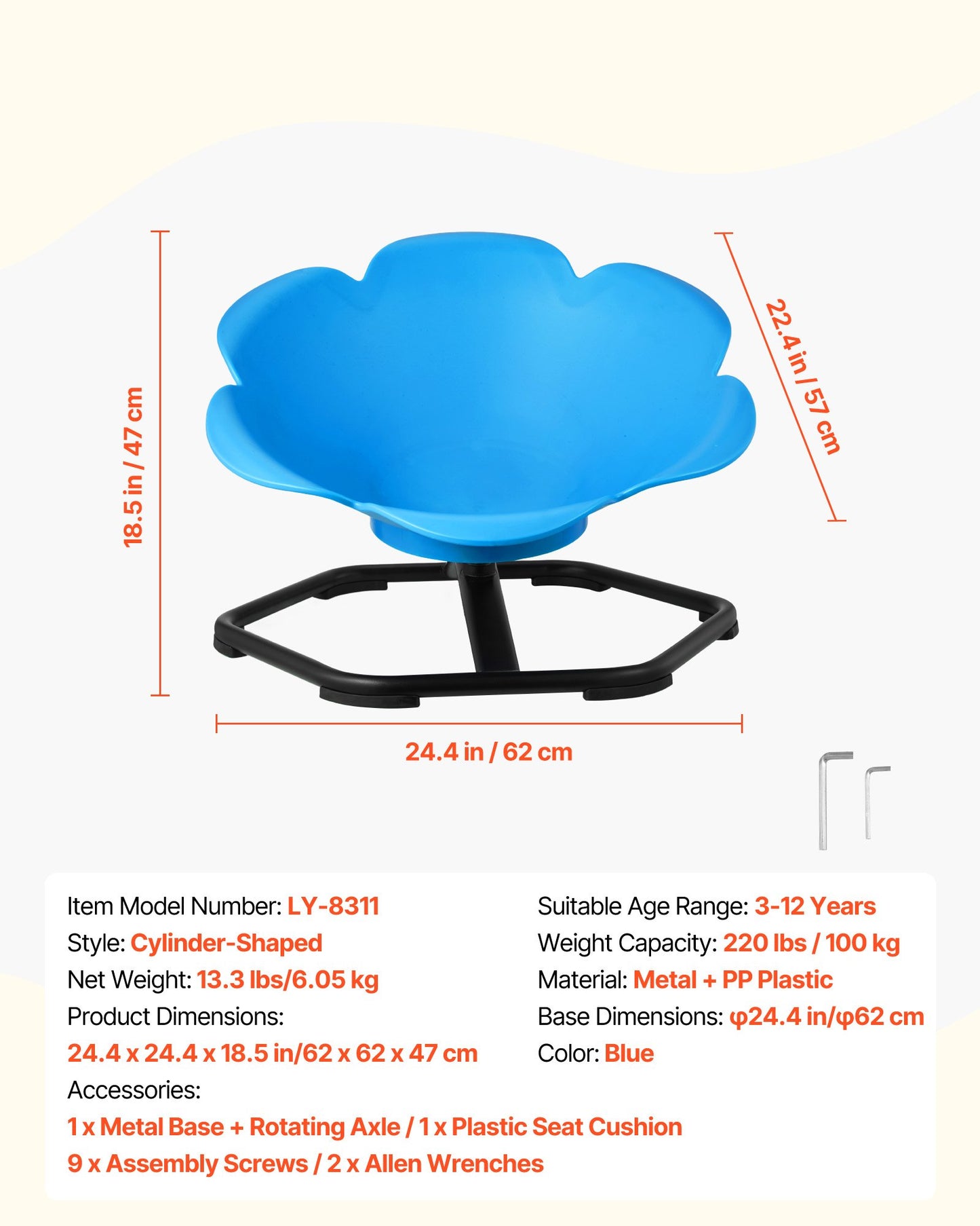 Kids Swivel Chair, 220 lbs Capacity, Cylinder Shape Sensory Spinning Chair, Autistic Kids Sensory Toy Seat with Non-Slip Metal Base, Toddler Sit & Spin Seat for Coordination Balance Focus, Blue
