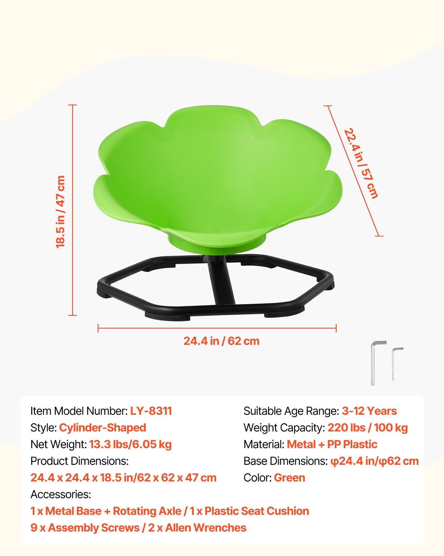 Kids Swivel Chair, 220 lbs Capacity, Cylinder Shape Sensory Spinning Chair, Autistic Kids Sensory Toy Seat with Non-Slip Metal Base, Toddler Sit & Spin Seat for Coordination Balance Focus, Green