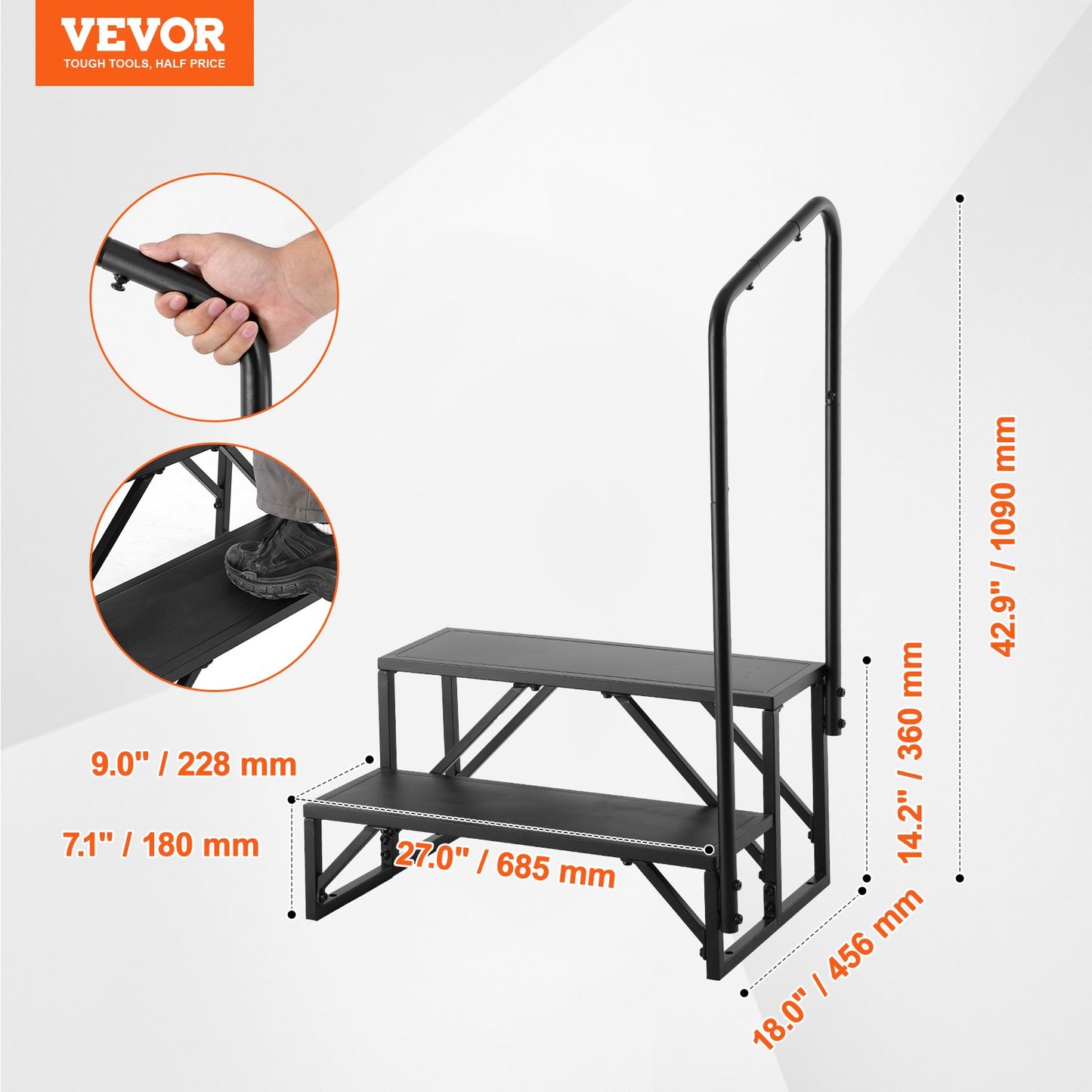 RV Steps, 2-Step RV Stairs, 440 LBS/199.6 kg Load Capacity, Thickened Carbon Steel, With Handrail, Non-Slip Steps for Safe Entry and Exit, Suit for RV, Trailer, Camper Steps