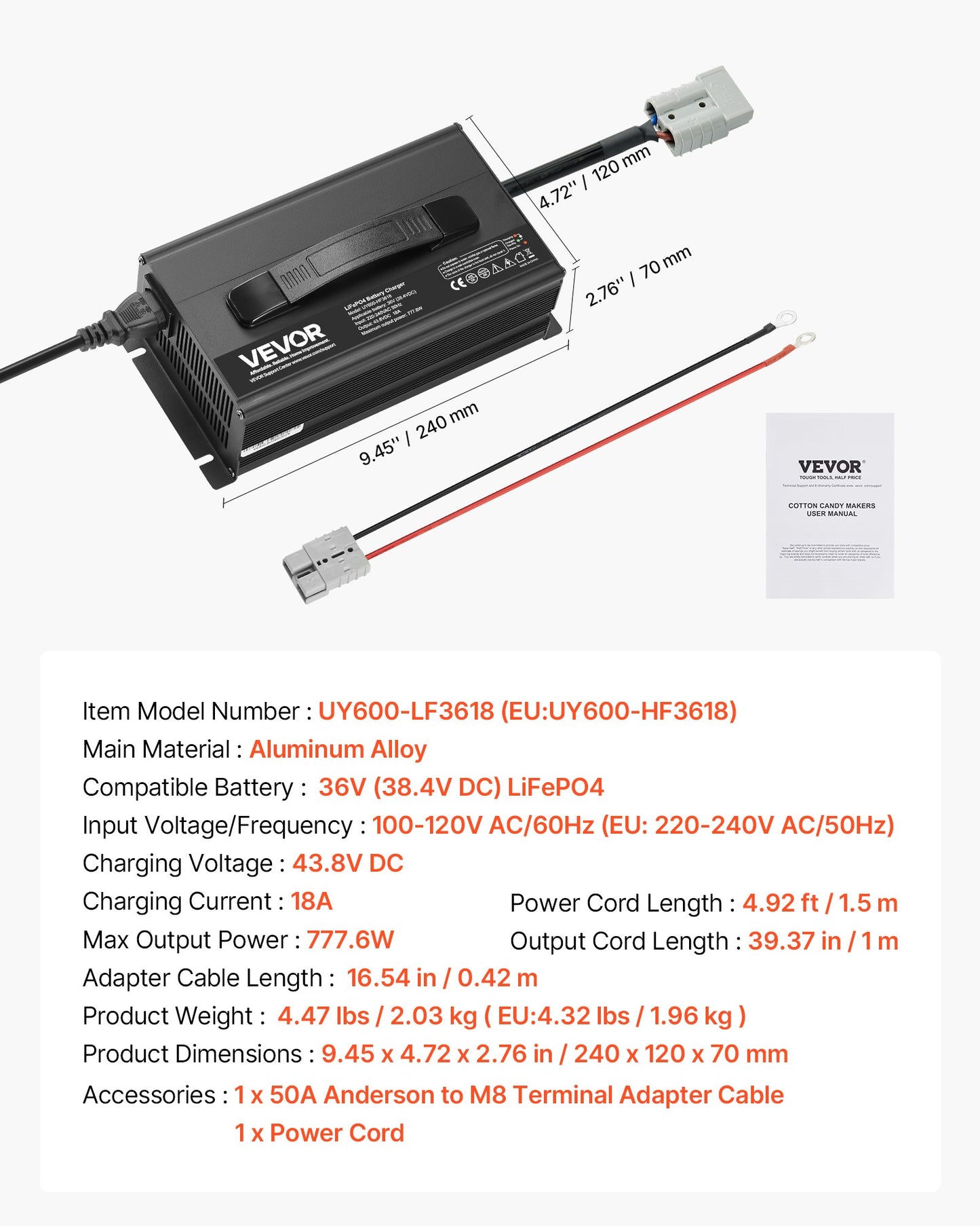 36V 18A litiumbatteriladdare, 43.8V, AC-DC LiFePO4 smart laddare, med Anderson-kontakt, LED-indikator, 0V-aktivering, för litium-LiFePO4-djupcykelladdningsbara batterier för båt, husbil