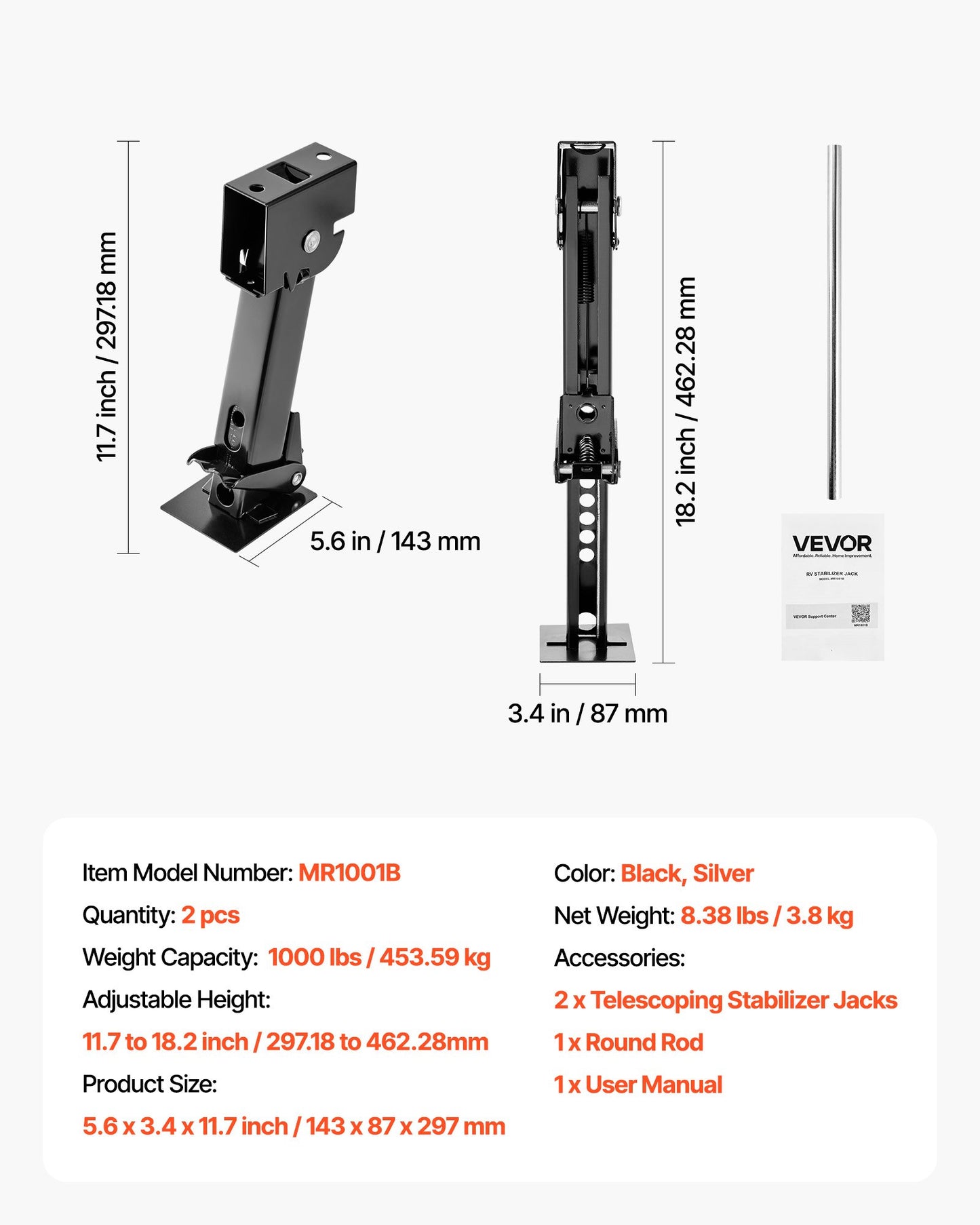 Telescoping Stabilizer Jack, 2PCS Telescoping Folding Trailer Jack, Trailer Swing Down Stabilizer Jack for RV Trailer, Supports 453.59kg Capacity Each, Adjustable from 297.18mm to 462.28mm