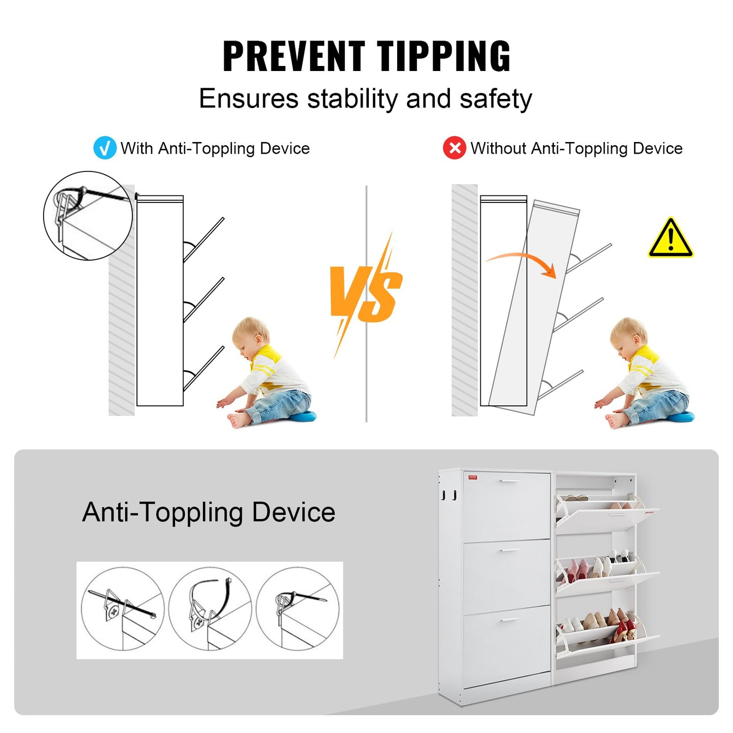 Skoskåp med 3 fällbara lådor, skoförvaringsskåp för entré, fristående skoförvaringsorganisatör med sidokrokar för klackar, stövlar, tofflor i hallen, vardagsrum
