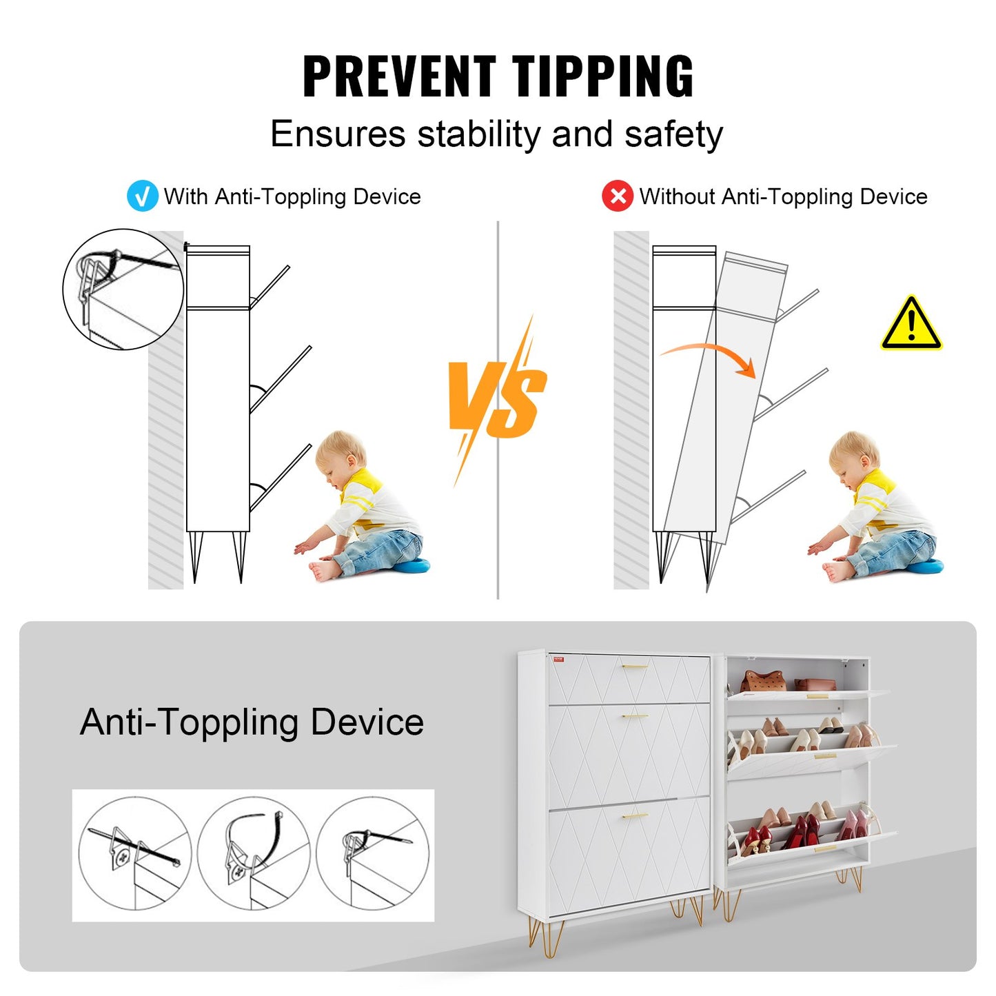 Shoe Cabinet with 3 Flip Drawers, Shoe Storage Cabinet for Entryway, Free Standing Shoe Storage Organizer for Heels, Boots, Slippers in Hallway, Living Room