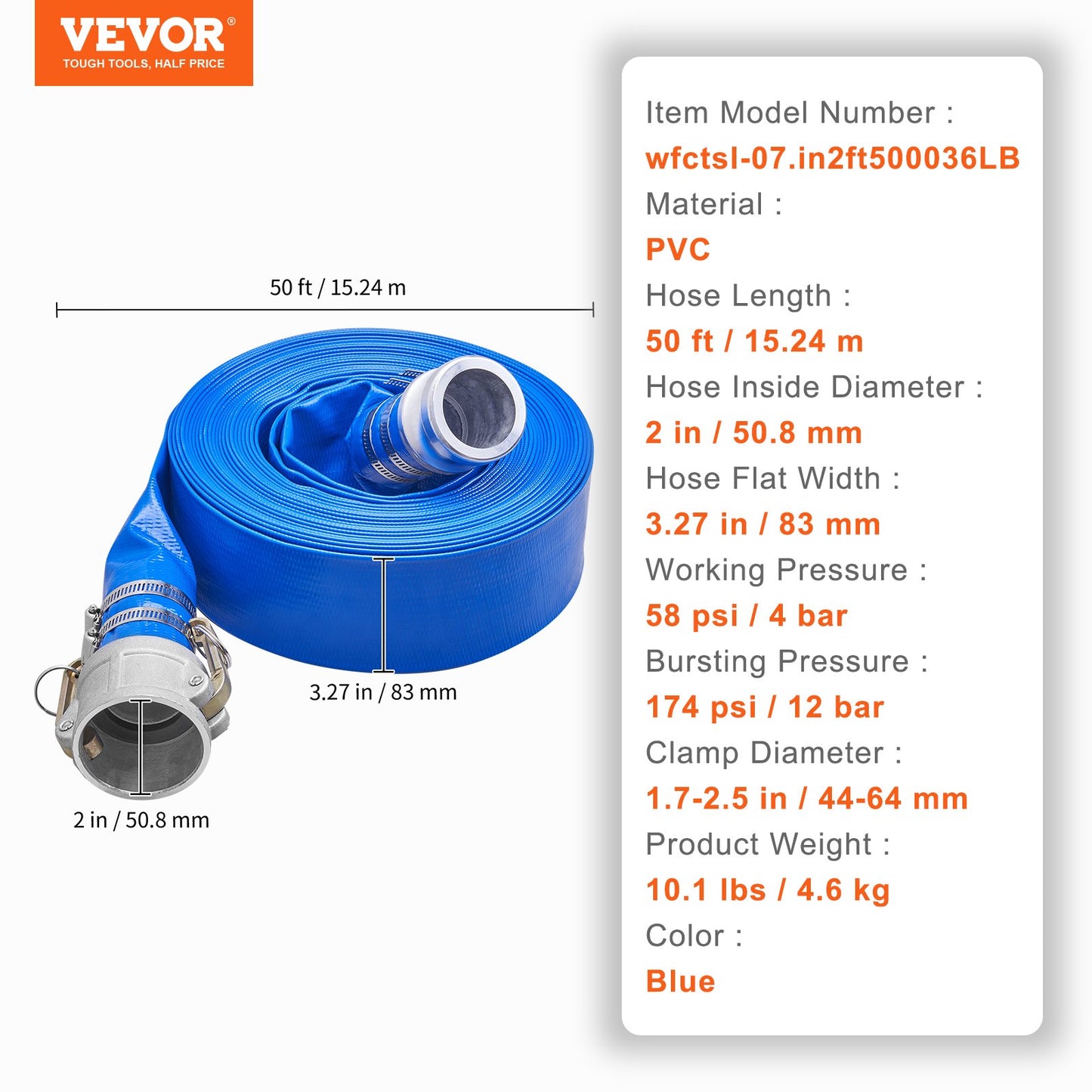 Backwash Hose, 2 in x 50 ft, Heavy-Duty PVC Flat Pool Discharge Hose with Aluminum Camlock C & E Fittings, Clamps, Compatible with Pumps, Sand Filters, for Swimming Pools Waste Water Drain, Blue