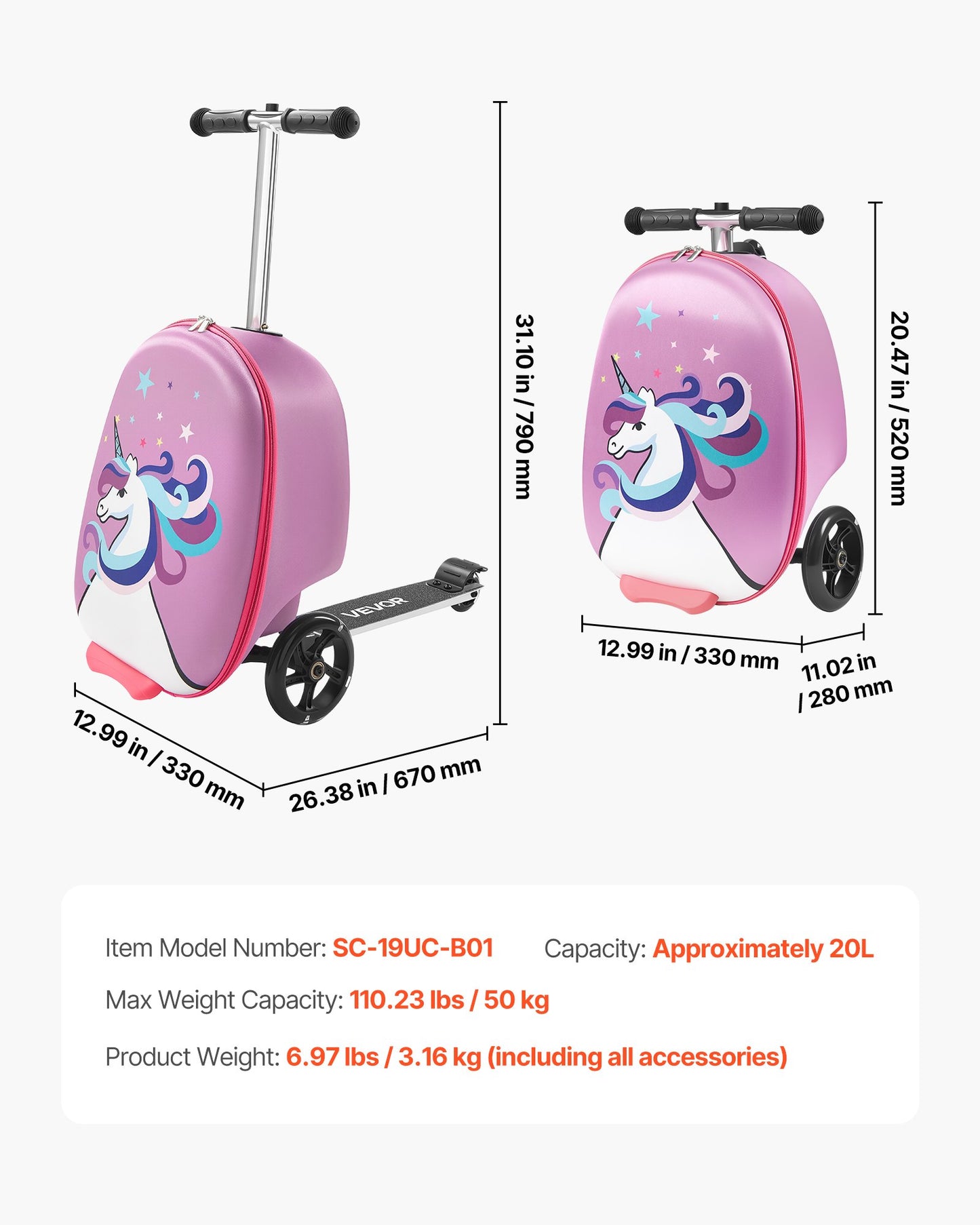 Ride-on Luggage, 20 L Capacity, 20 Inches Kids Scooter Suitcase with Flash PU Wheels, Adjustable Handle & TPR Non-Slip Grip, Foldable & Lightweight Scooter Luggage for Kids Aged 5+, Purple