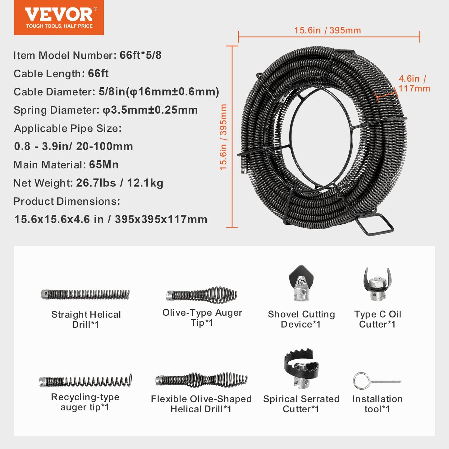 Sectional Drain Cleaning Cable 66FT/20.1 m x 5/8In/1.6 cm & 7 Cutters for 0.8"-3.9"/2-10 cm Pipes