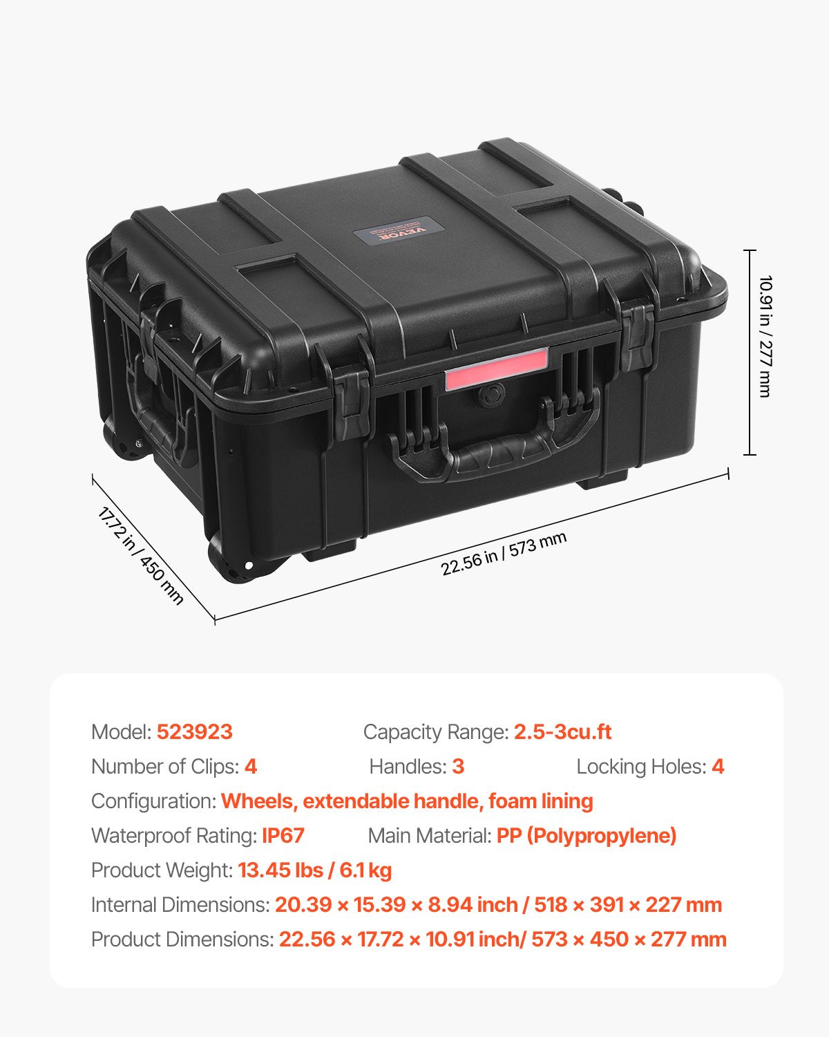 2.5 Cu.ft Weatherproof Hard Case, Waterproof Hard Case with Rolling Wheels and Retractable Pull Handle, IP67 Waterproof Protective Case with 4 Clips, 4 Padlock Holes, and Foam Inserted, Black