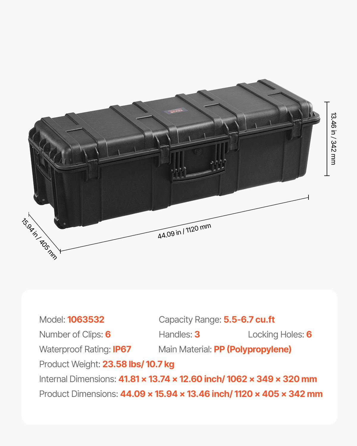 5.5 Cu.ft Weatherproof Hard Case, Large Capacity Waterproof Hard Case with 3 Handles, IP67 Waterproof Protective Case with 6 Clips, 6 Padlock Holes, and Foam Inserted for Large Equipment, Black