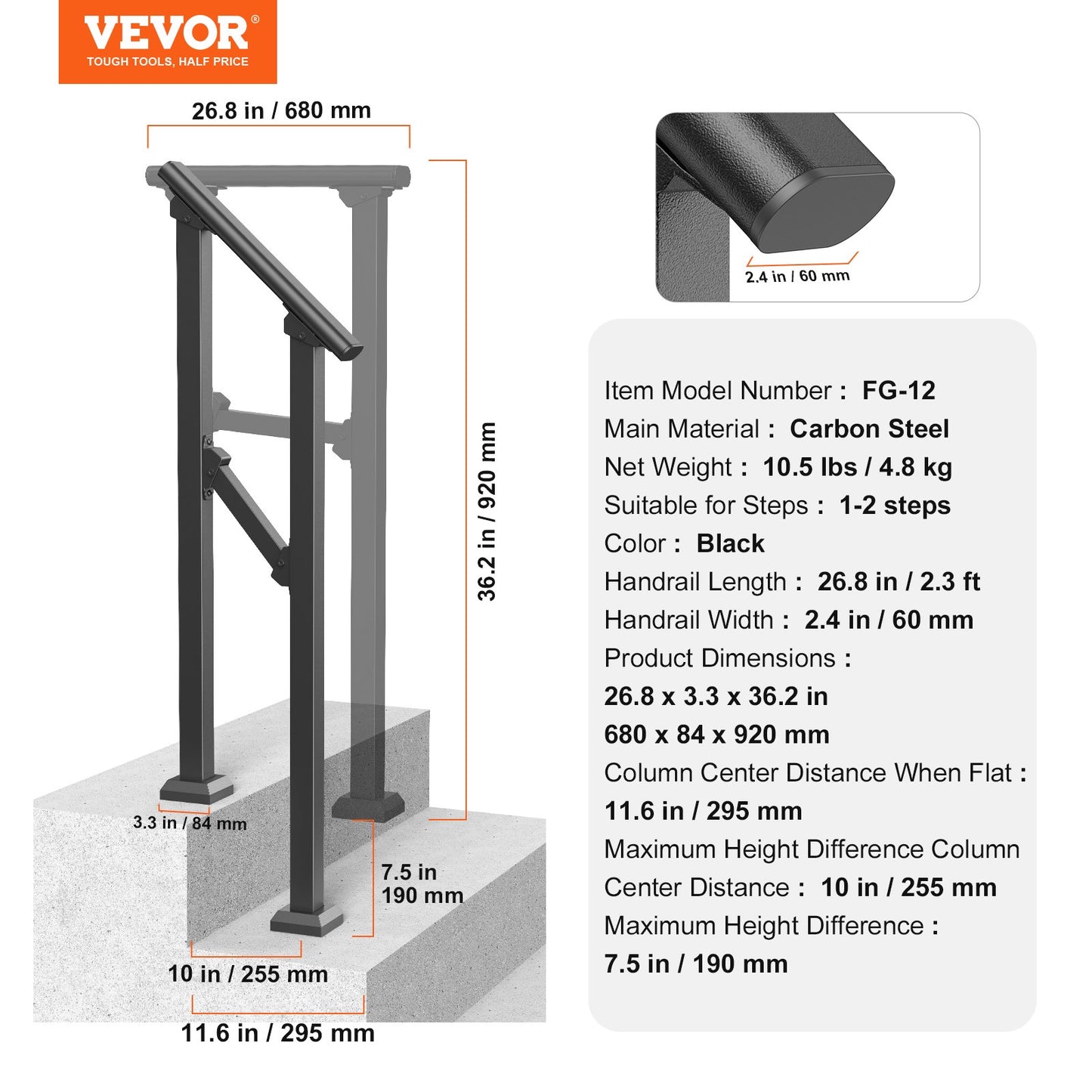 Handrails for Outdoor Steps, 1-2 Step Stair Hand Rail Kit, Transitional Carbon Steel Railings with Installation Kit, Stair Rails for Seniors, Concrete Steps & Porch & Deck, Black Square Tube