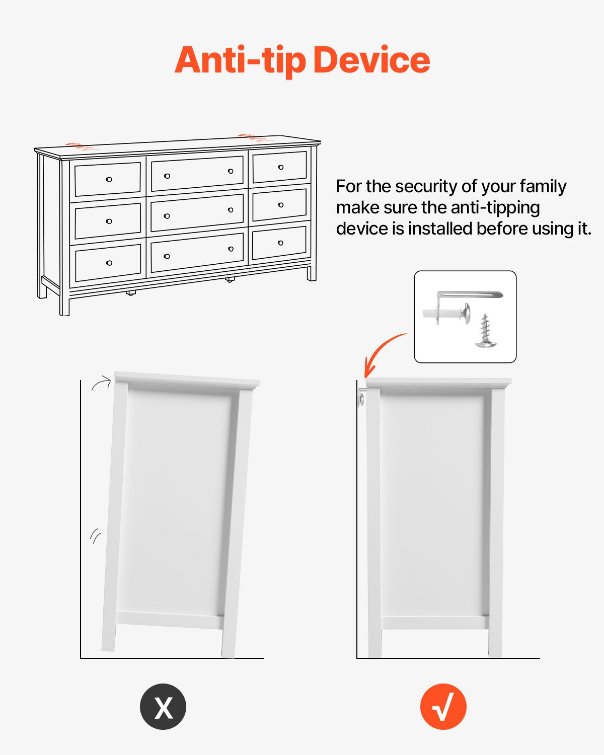 Byrå med 9 lådor, träbyrå med utdragbar låda och tippskydd, retro minimalistisk byrå, garderobsförvaring TV-bänk för vardagsrum, hall, sovrum, entré, vit