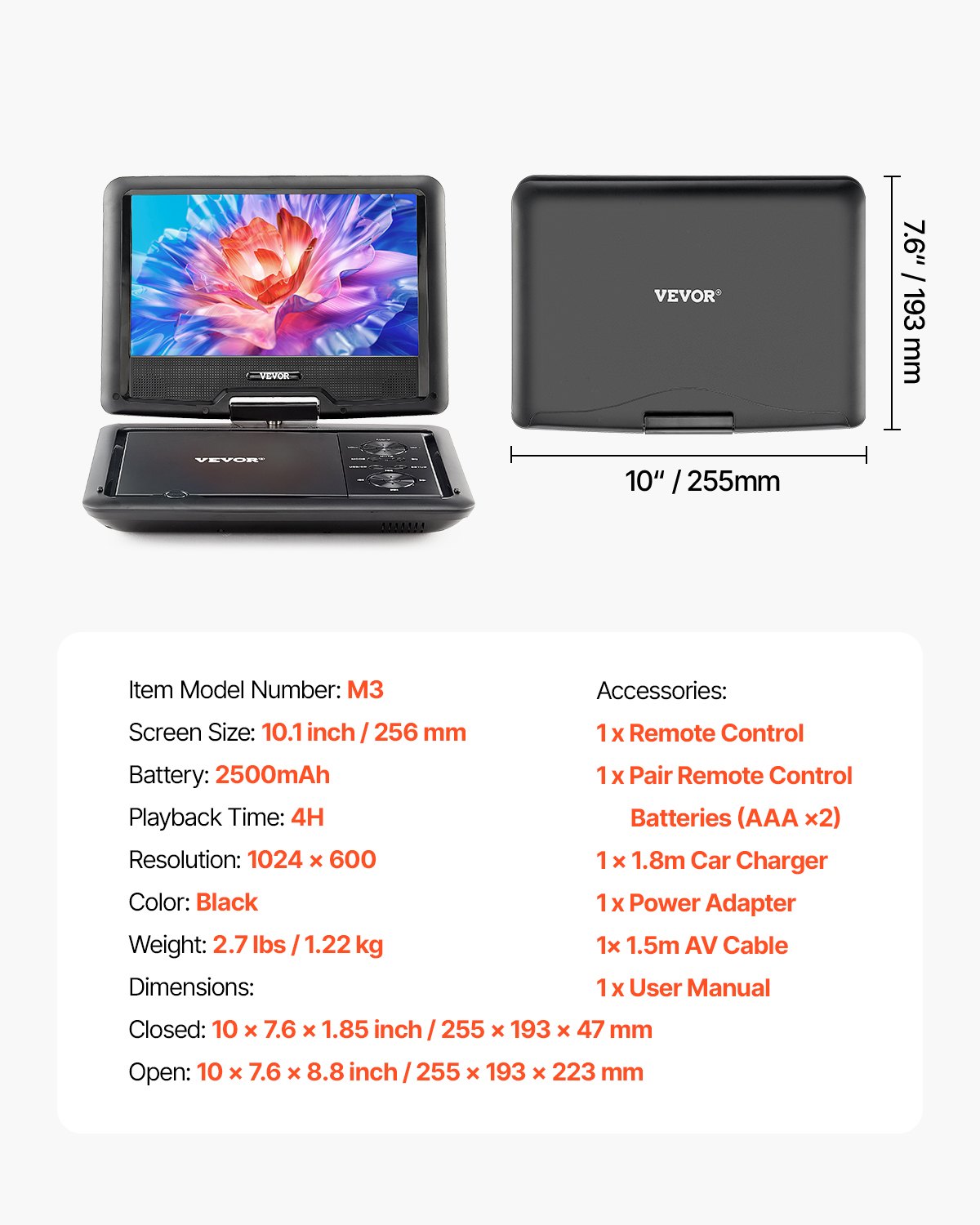 Bärbar DVD-spelare, 10,1-tums vridbar HD-skärm, 4 timmars inbyggt laddningsbart batteri, dubbla högtalare, stöd för synkronisering av TV/USB/SD-kort/CD/DVD, billaddare, nätadapter, fjärrkontroll