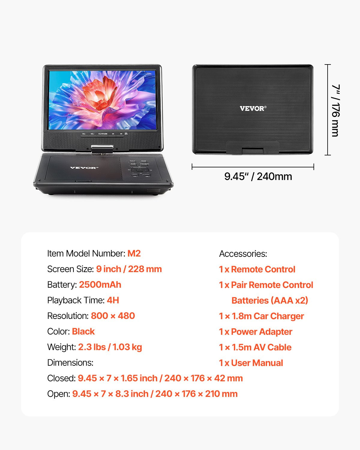 Portable DVD Player, 9 inch HD Swivel Display Screen, 4 Hours Built-in Rechargeable Battery, Dual Speakers, Support Sync TV/USB/SD Card/CD/DVD, Car Charger, AC Power Adapter, Remote Control