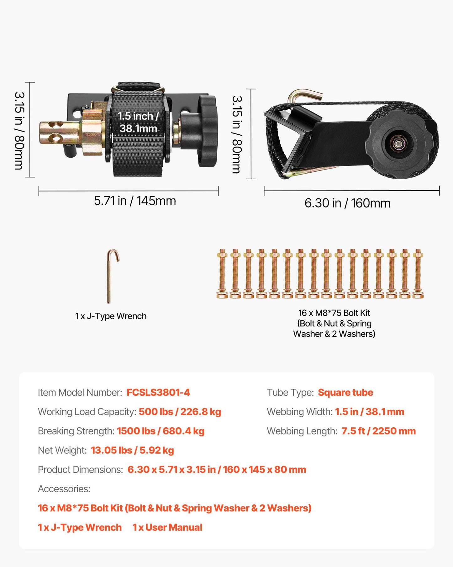 Ladder Rack Ratchet Straps, Black Square Tube Mount, 38 mm Wide x 2.25 m Long Black Ladder Rack Straps with Double J-Hooks, 226.8 kg Load Heavy Duty, Cargo Buckle Lock Strap (4 Pack)
