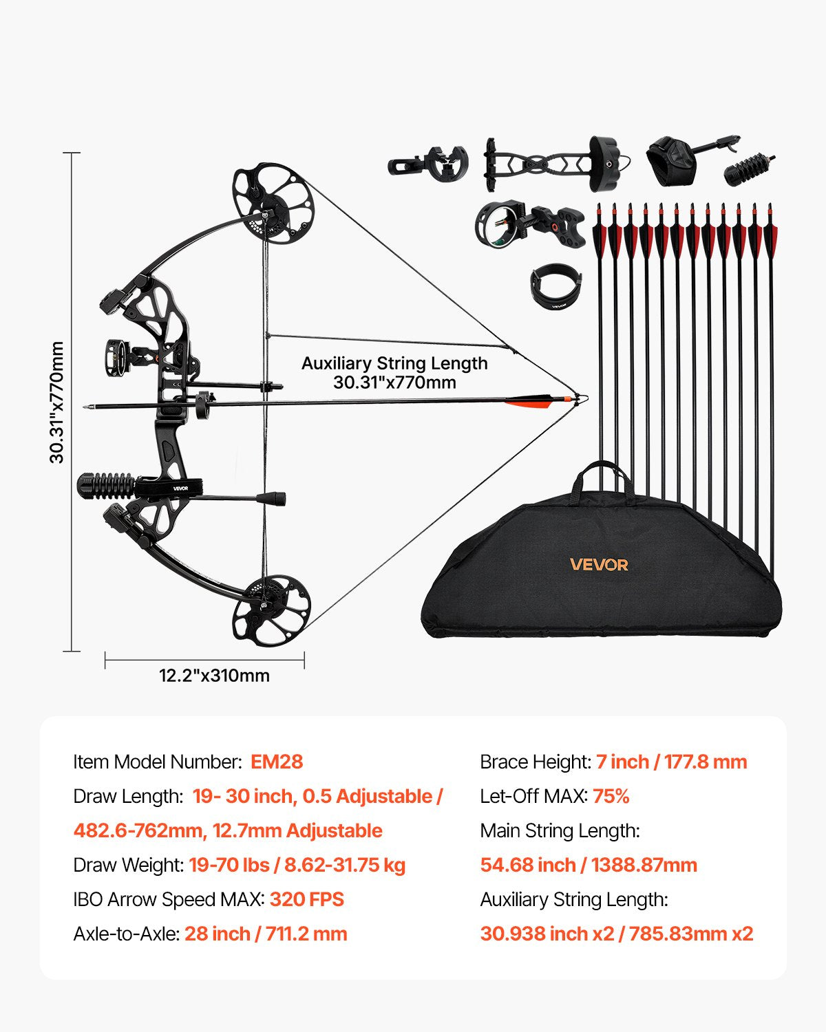 Compoundbåge, justerbar draglängd 48-76 cm, compoundbågspaket för nybörjare, dragvikt 8-32 kg, bågar och pilar för bågskytte, högerhandskit med jaktutrustning, 320 fps, svart
