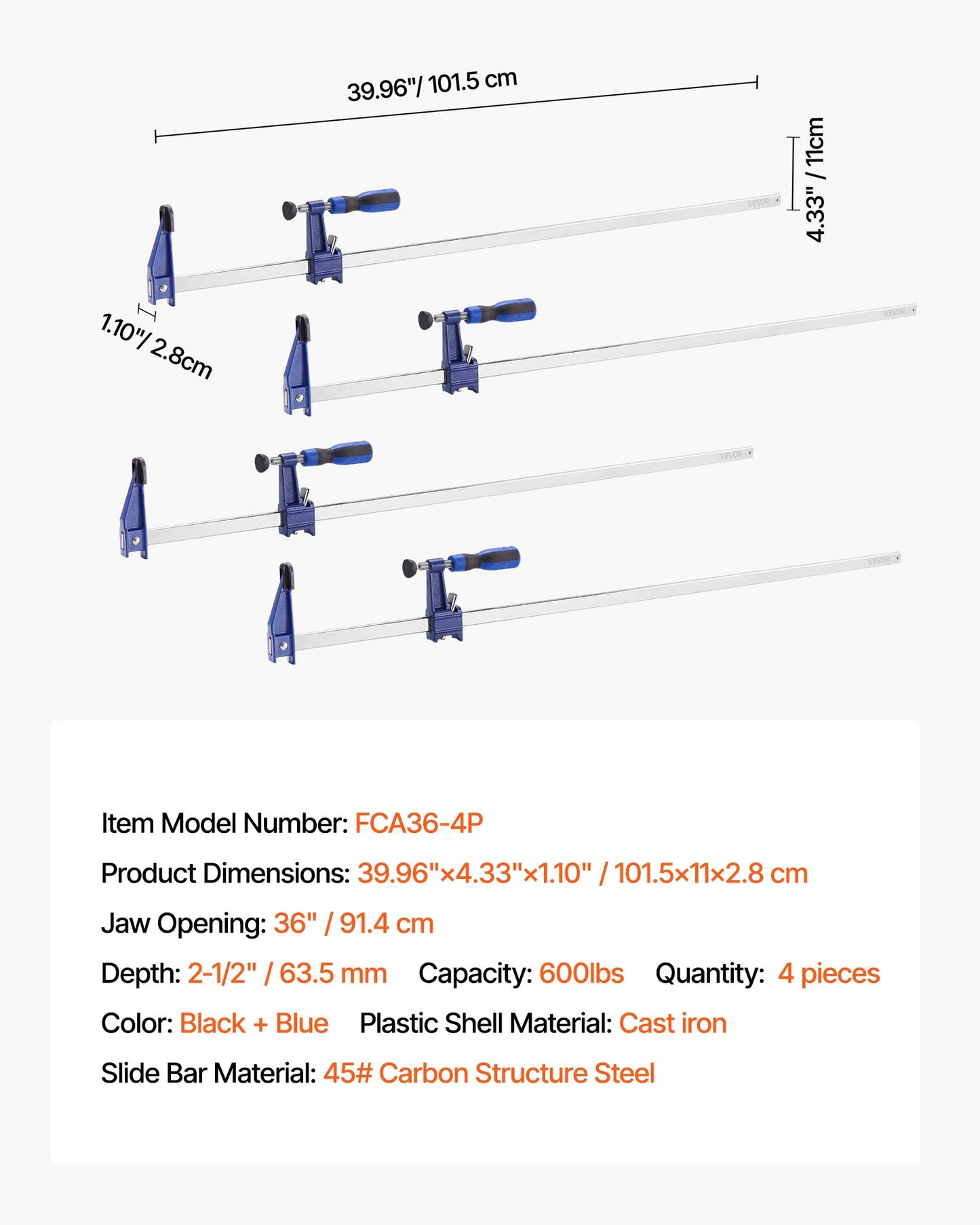 Träklämmor för träbearbetning, 4-pack 91,4 cm öppning, Låsbar F-klämma med 272 kg lastgräns, 63,5 mm djup, Gjutjärn och kolstål, Lättanvända, Träklämmor för träbearbetning och metallbearbetning