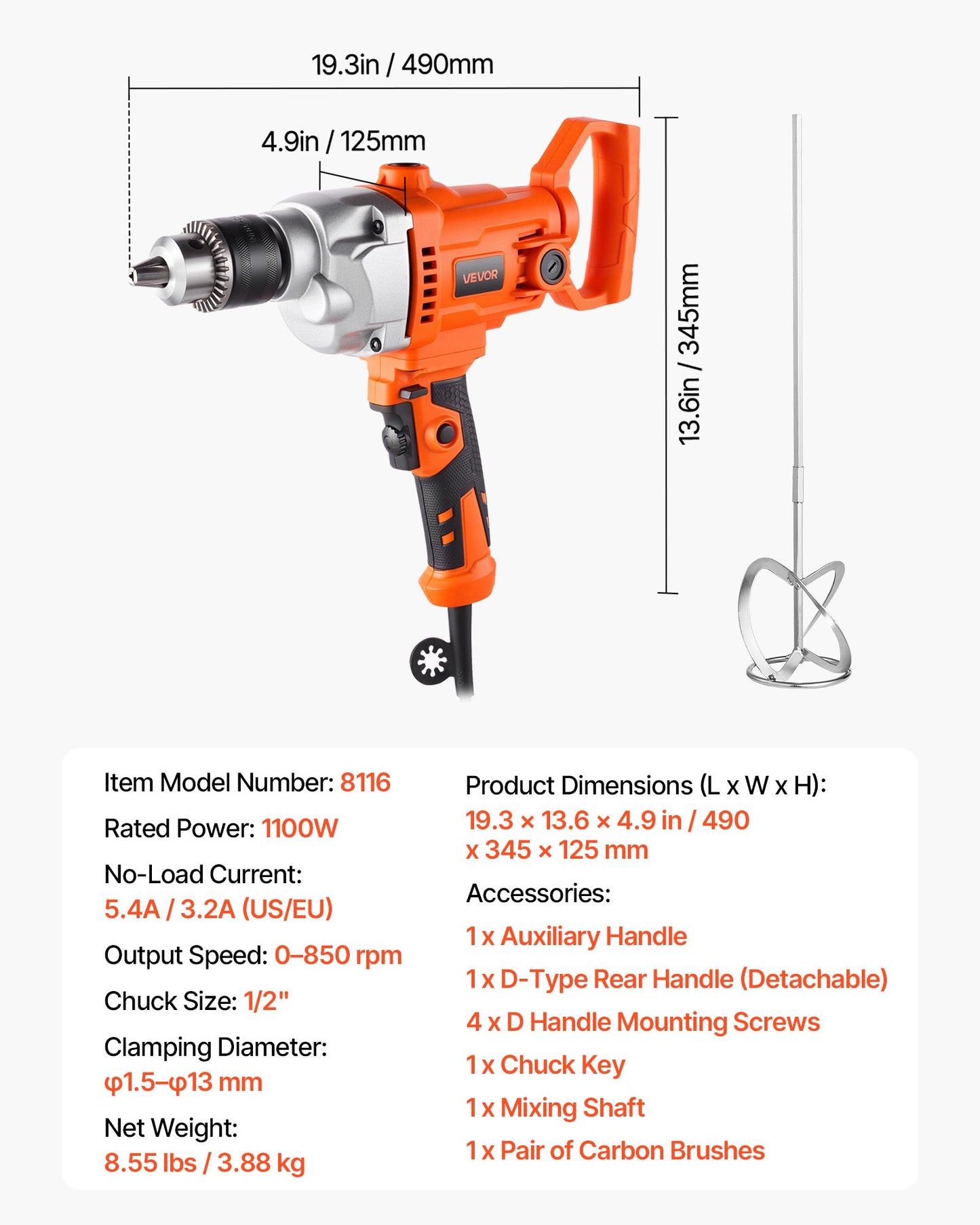 Drill Mixer, 15.89mm Corded Electric Drill Mixer Set, 0-850RPM 3.2A Mixing Drills, Mixing Drills Machine with D-Handle for Drilling & Blending, Handheld Cement Mixers for Fodder, Paint, Cement