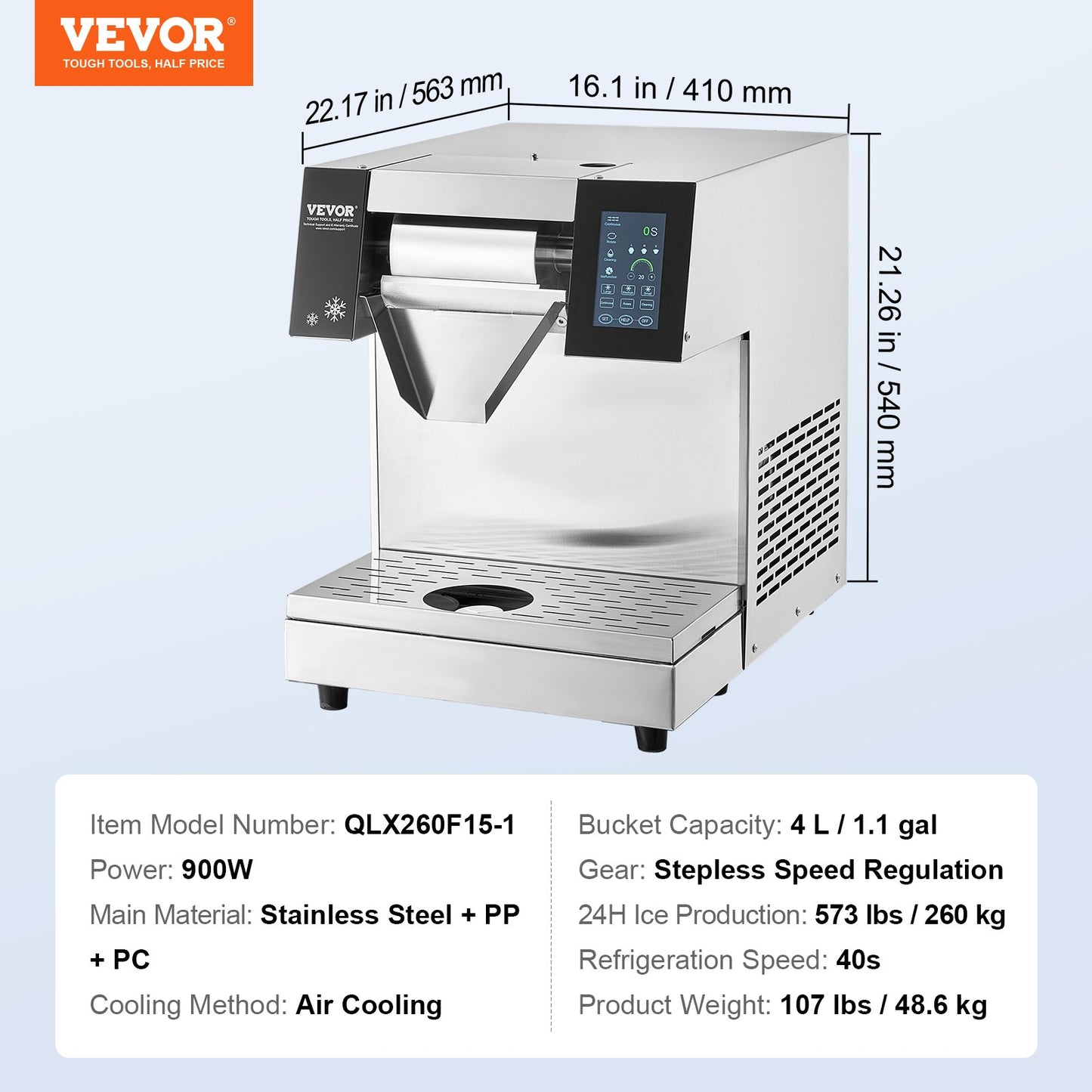 Commercial Snowflake Ice Machine, 573LBS/24H Snowflake Ice Maker, Stainless Steel Ice Shaver Machine, Electric Snow Cone Maker, Air Cooling System for Rapid Heat Dissipation, for Bakery, Cafe
