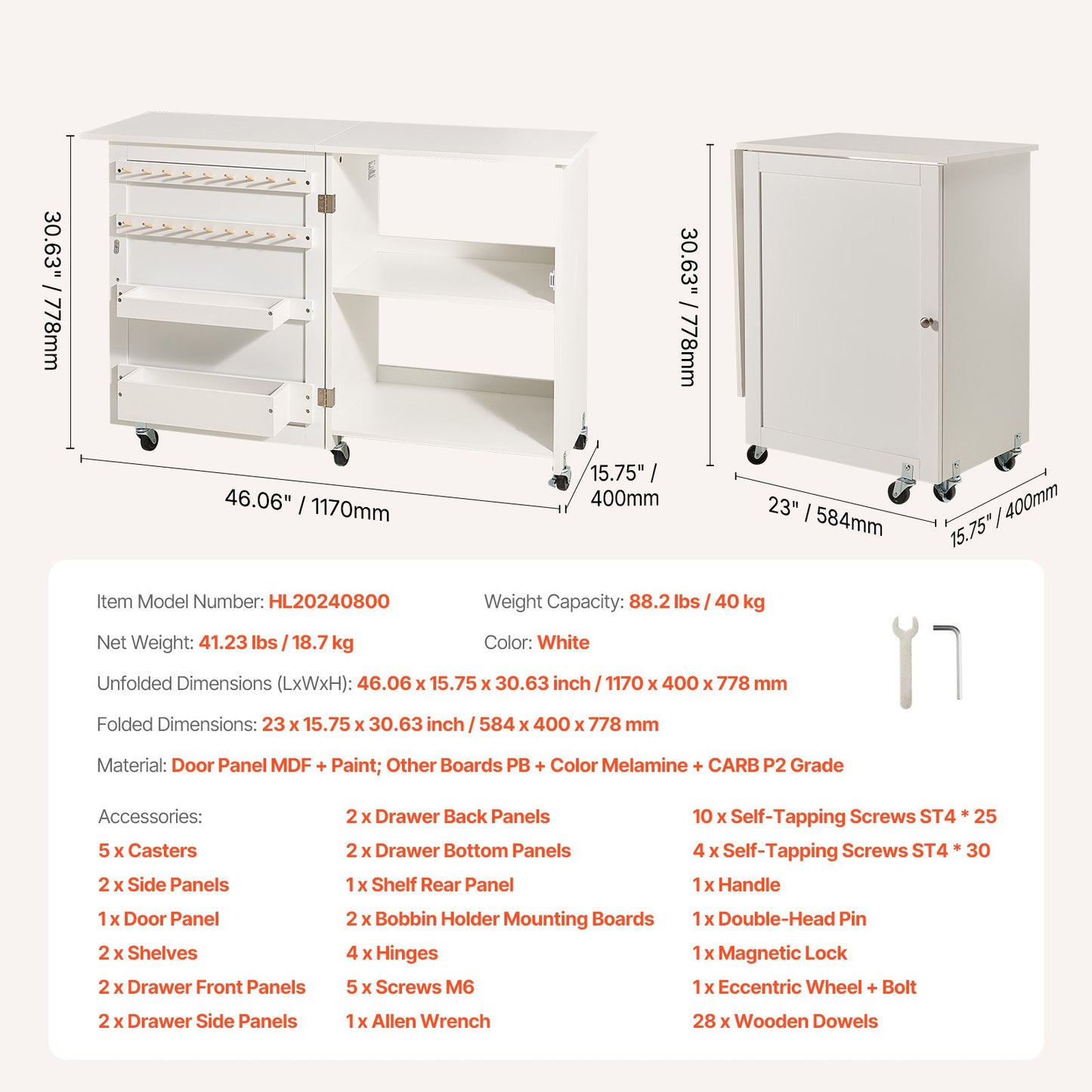 Folding Sewing Table, Multipurpose Sewing Machine Table with Compact Design, Wheels, Shelves, Storage Trays, Wooden Pegs, and Magnetic Doors, Sewing Desk Cabinet for Sewing Machine, White