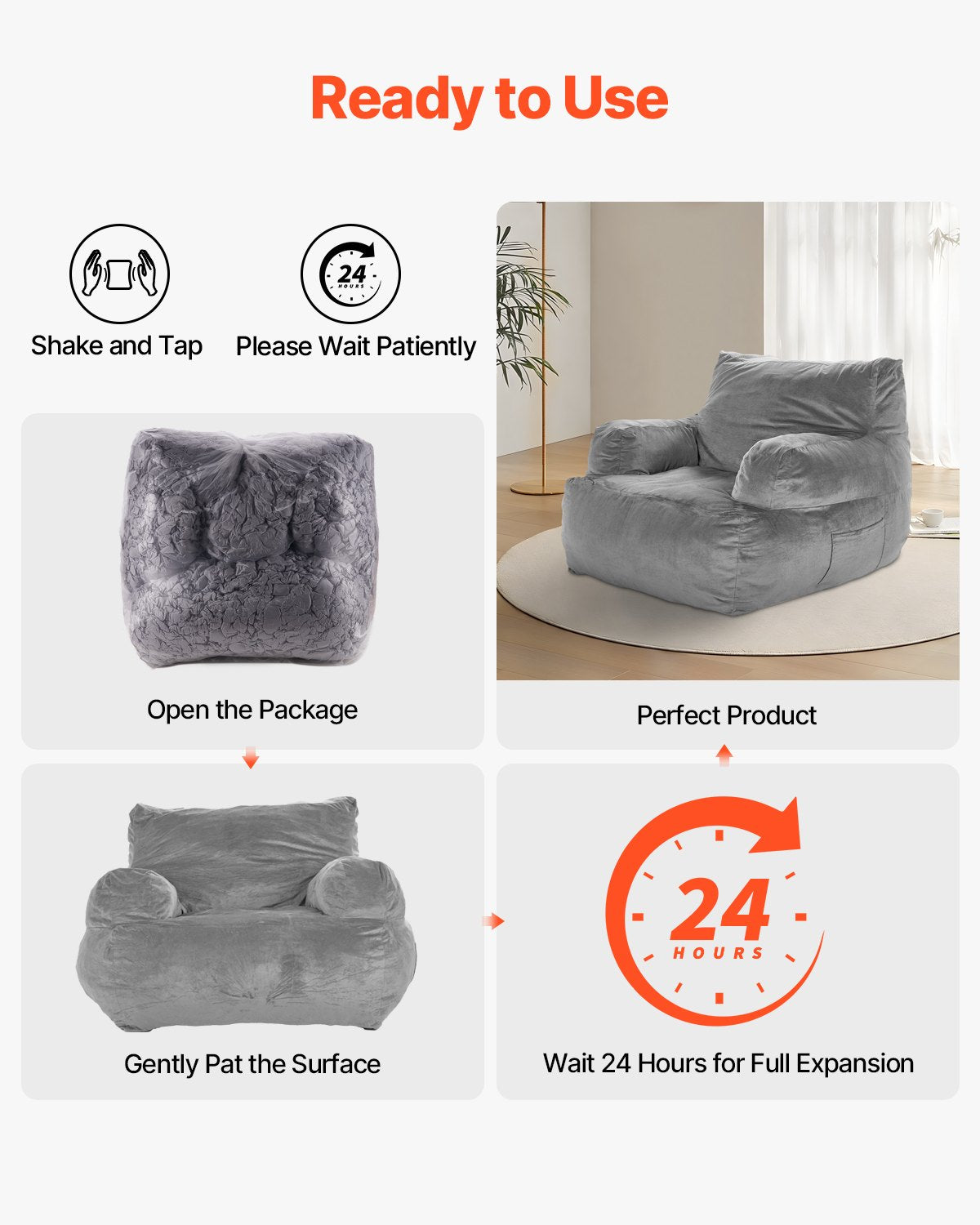 Bean Bag Chair, BeanBag Sofa Chair with Armrests for Adults, Fluffy Plush & High-Density Foam Filling Adult Bean Bag with Zapper, Comfy Lazy Sofa Chair Ideal for Living Room, Bedroom, Grey