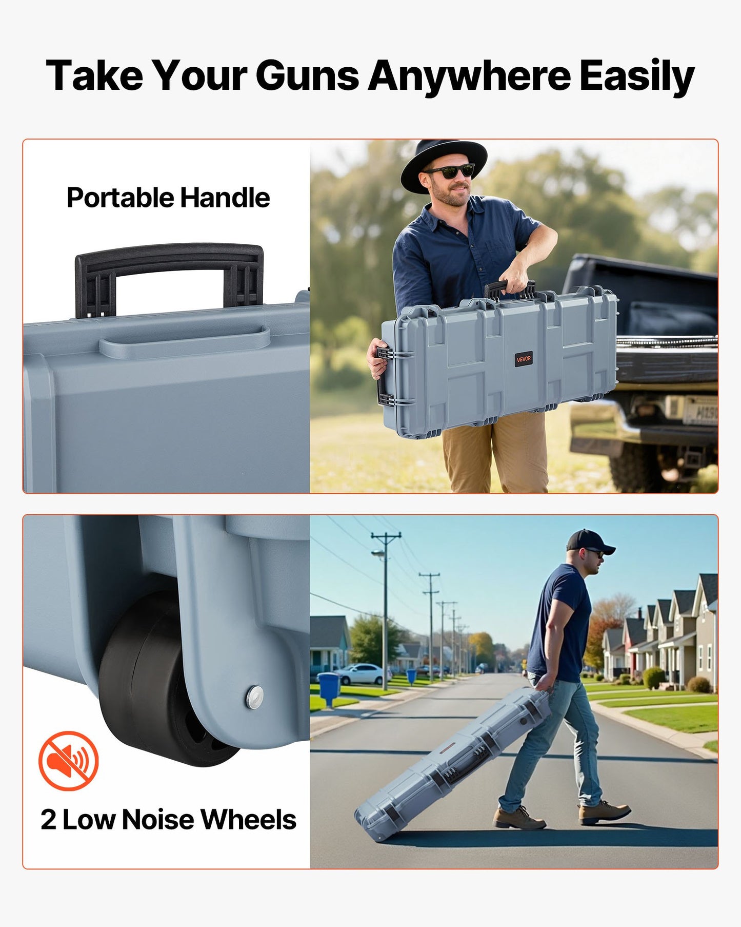 Hård gevärsväska, låsbar gevärsväska med förskurna skum, 1066 mm flyttbar vapenförvaring med hjul, IP67 vattentät och dammtät pistolförvaring för gevär, hagelgevär, airsoftvapen, grå