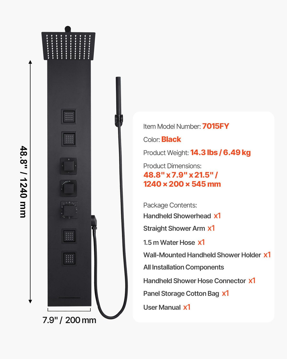 Duschpaneltornsystem med regnduschmunstycke, 122 cm duschpelare i borstat rostfritt stål, kran med 4 funktioner, väggmonterat regnmassagesystem, med 4 kroppsstrålar, handhållen dusch och badkarspip